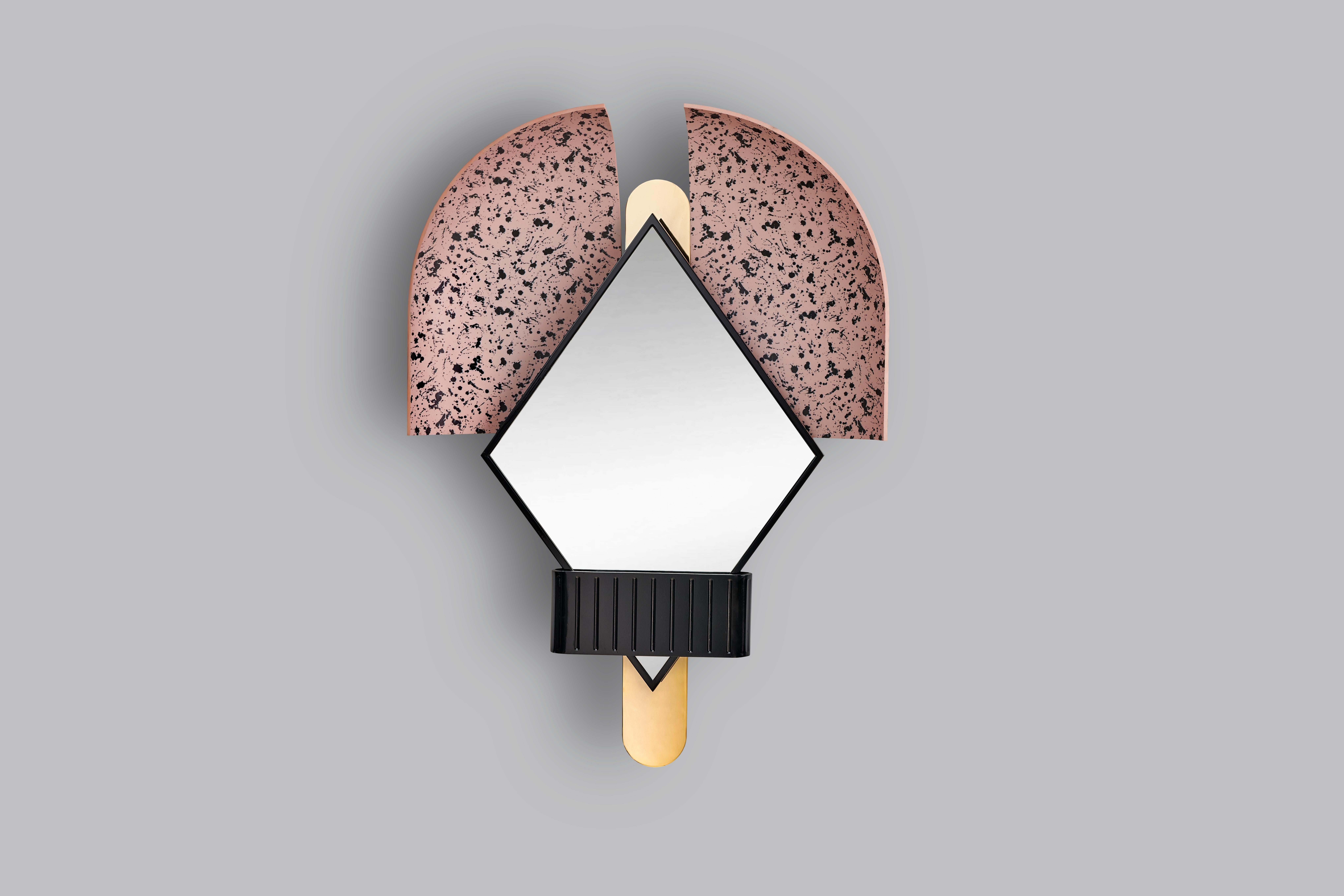 Mirror made of minerals and high strength resin.

Designed by Elena Salmistrato for Houtique

Bevelled mirror.
Metallic back piece in 24-karat gold-plated /
copper-plated / black paint (according to model).
Dimensions: 70 x 15 x 99 cm.