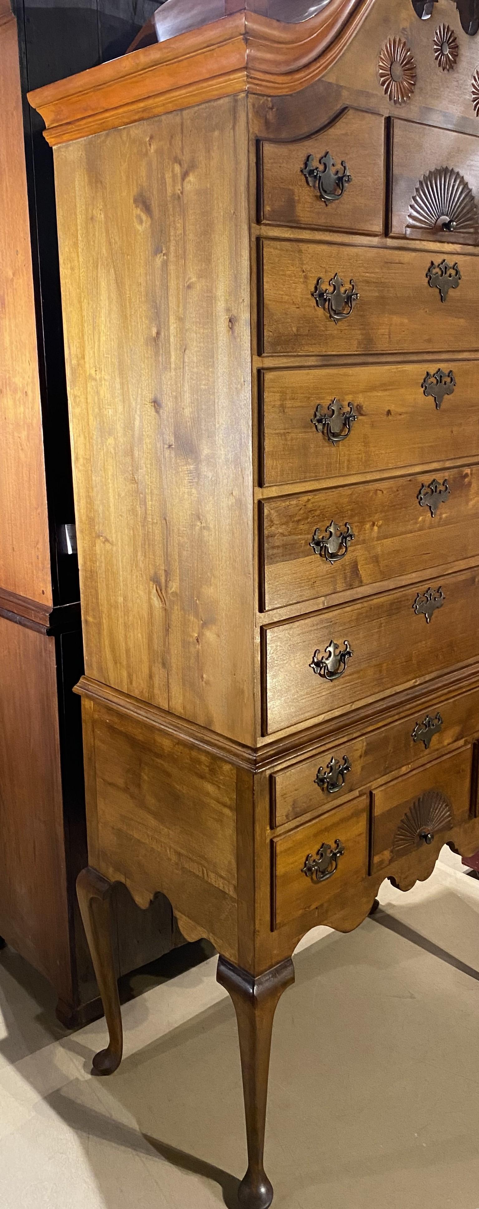 American Bonnet Top Highboy with Pinwheel Carvings & Impressive Size For Sale