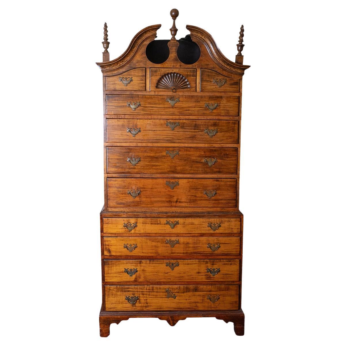 Bonnet top maple highboy chest of drawers