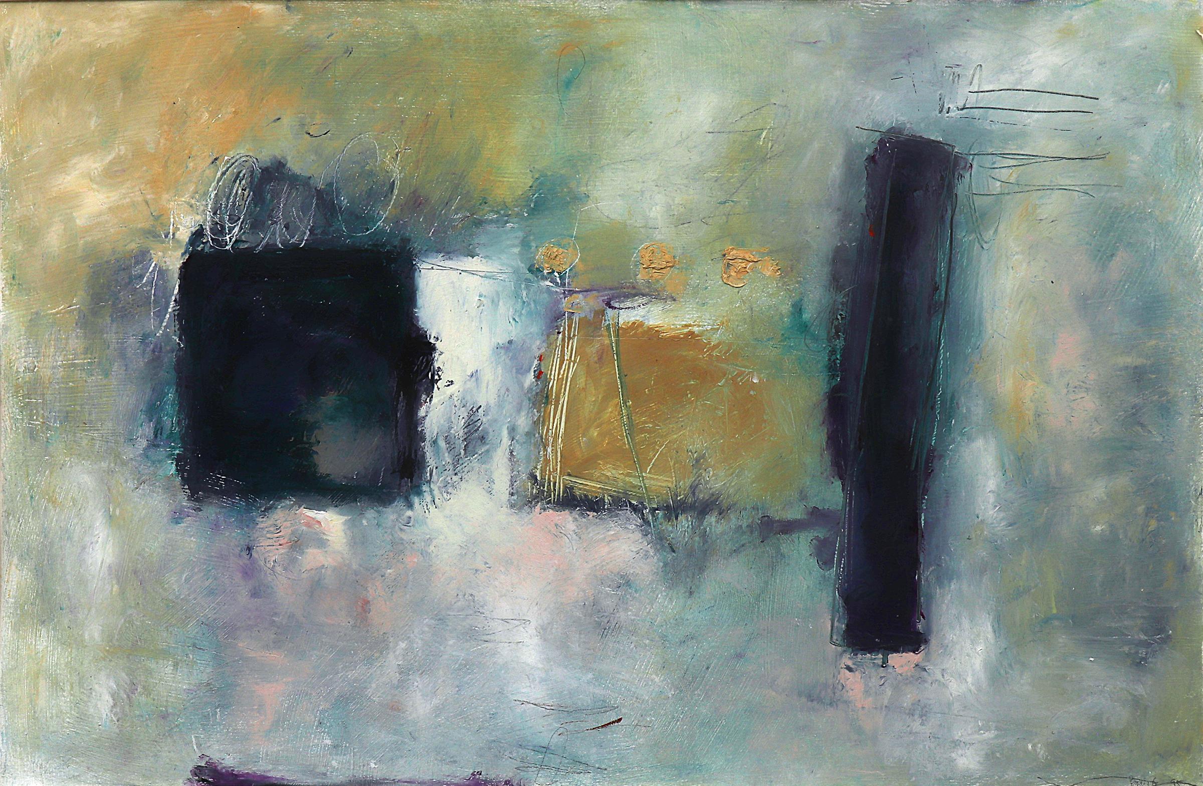 Composition #1, an original vintage 1990s abstract oil painting by Bonney Goldstein. Signed and dated 1995 by the artist, lower right.  Late 20th century painting in colors of golden yellow, dark blue/purple and teal green with violet purple, pink