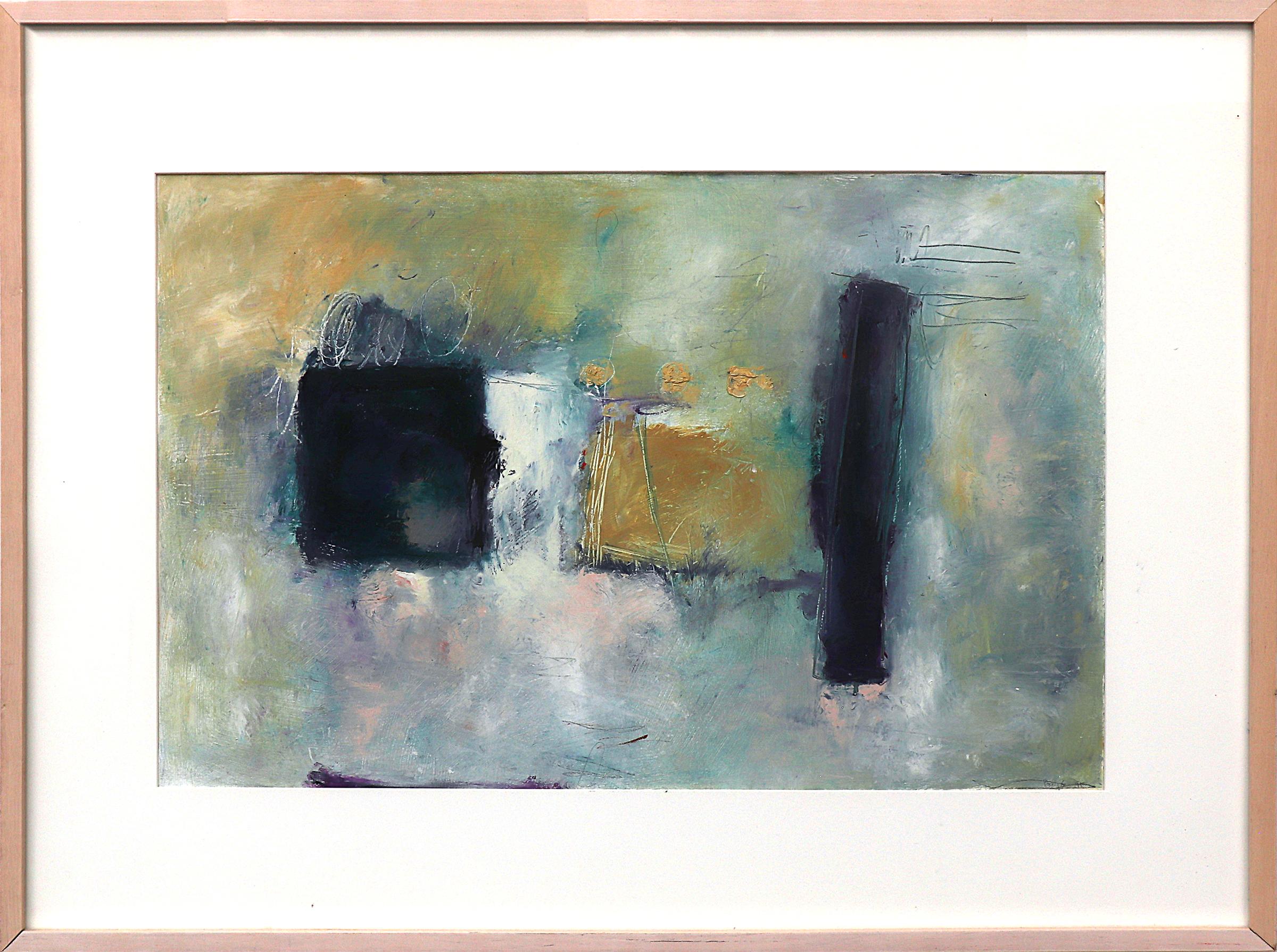 Bonney Goldstein Abstract Painting - "Composition #1,  1990s Abstract Oil Painting in Blue, Violet, Gold, Teal & Pink