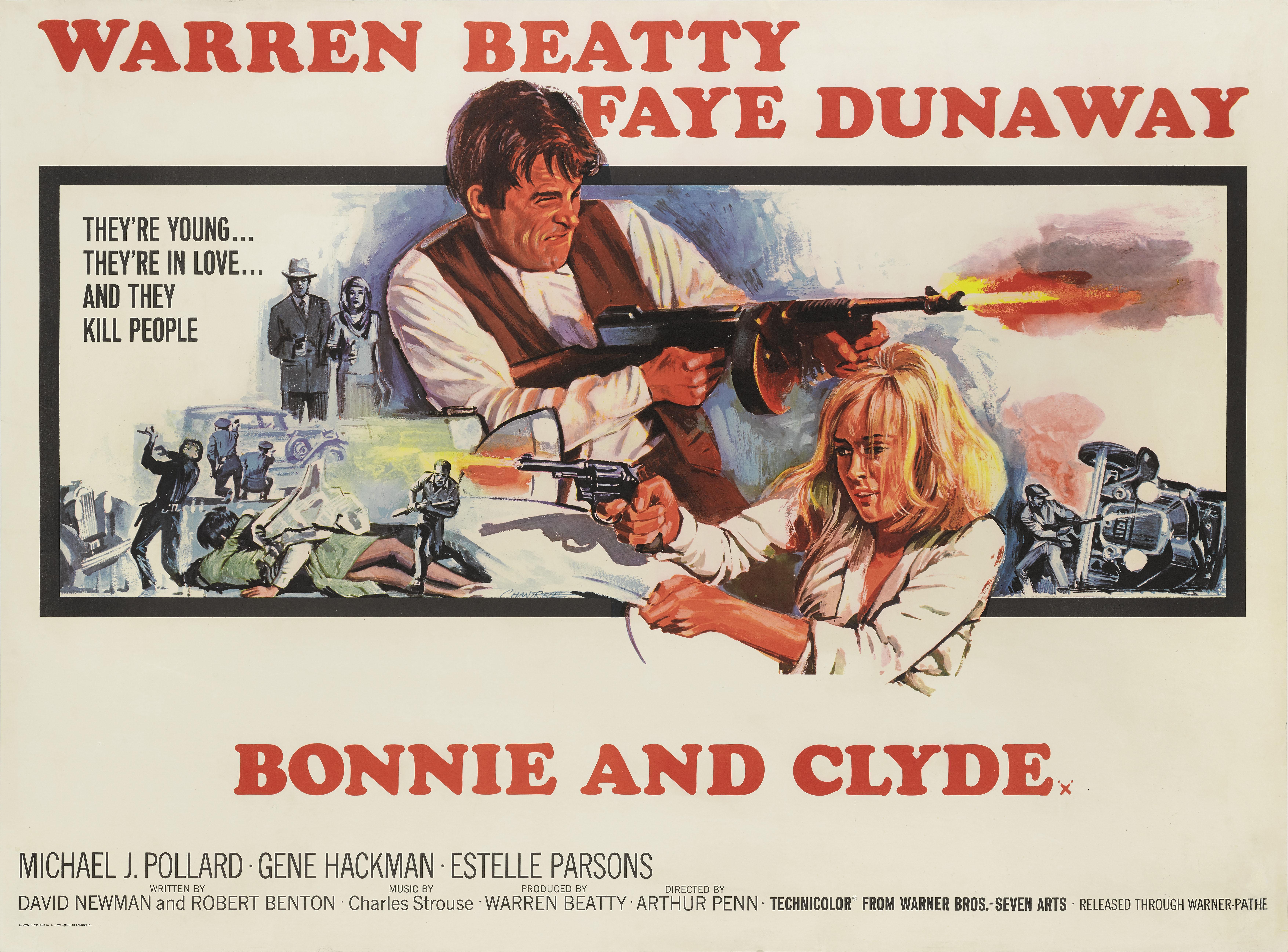 Originales britisches Filmplakat von Warren Beatty und Faye Dunaway aus der Kriminalromanze von 1967 unter der Regie von Arthur Penn. Dieses Plakat ist Erhaltung Leinen zurück und es würde in einem sehr starken Rohr gerollt und per Federal Express