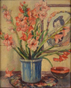 Blue Vase with Gladiolas and Samurai Portrait Still Life by Bonnie Beach Ryan
