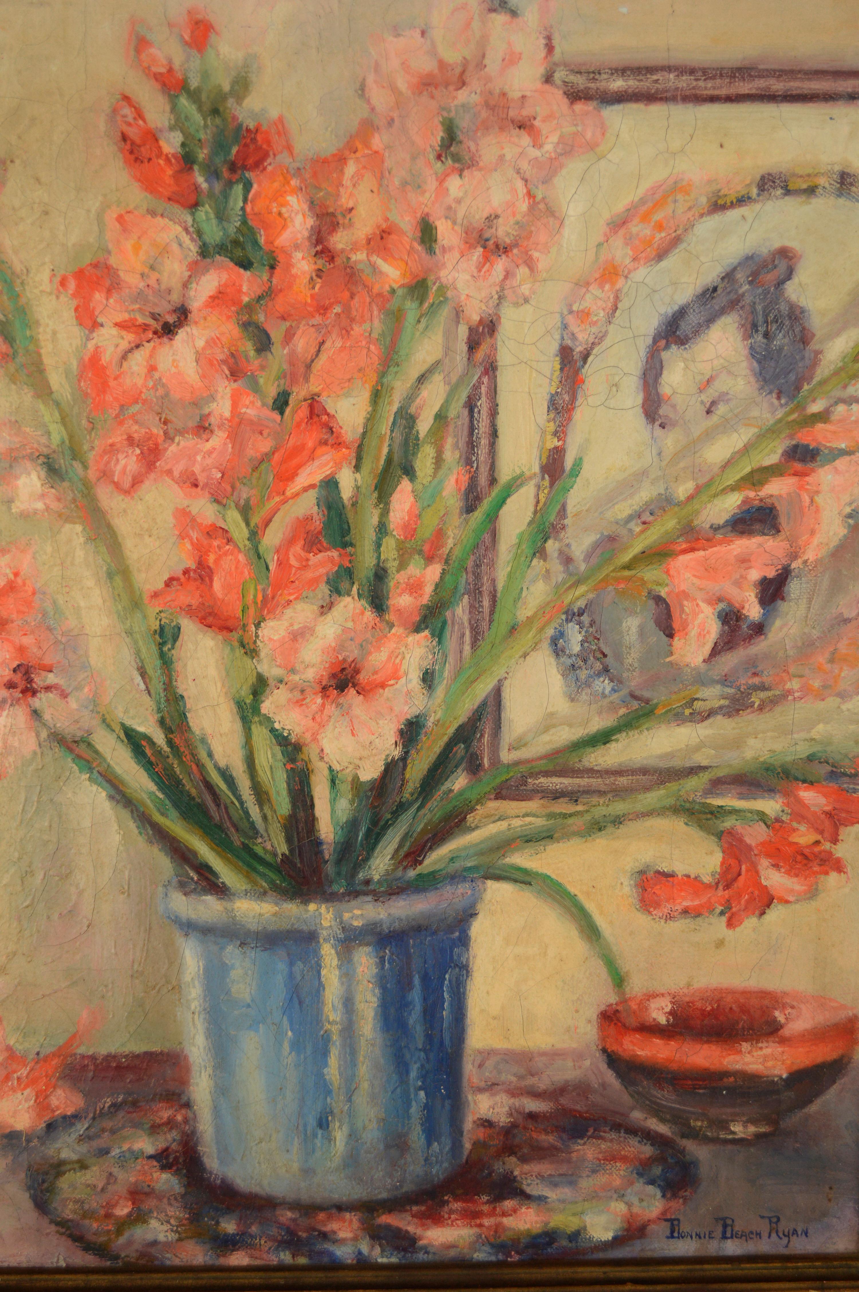 Still Life of Gladiolas in a Blue Pot with bird figurine and Samurai portrait by Bonnie Beach Ryan (American, 1901-1940). In 1933, Bonnie Beach Ryan held her first solo show of flower and still life paintings at the Dana Bartlett Gallery in Los