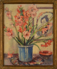 Vintage Blue Vase with Gladiolas and Samurai Portrait Still Life by Bonnie Beach Ryan 