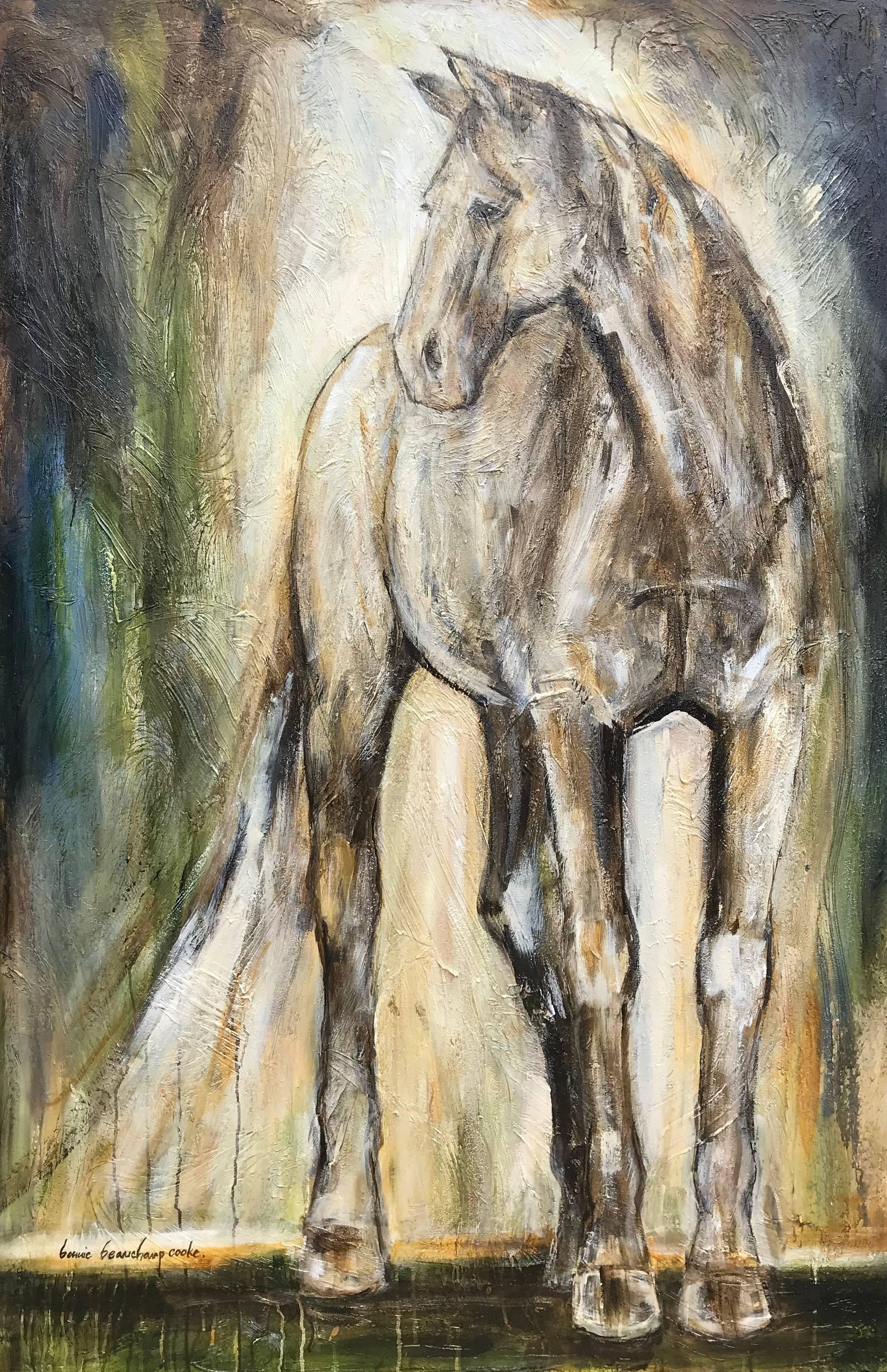Bonnie Beauchamp-Cooke Animal Painting - Acorn, Vertical Figurative Mixed Media on Canvas Horse Painting