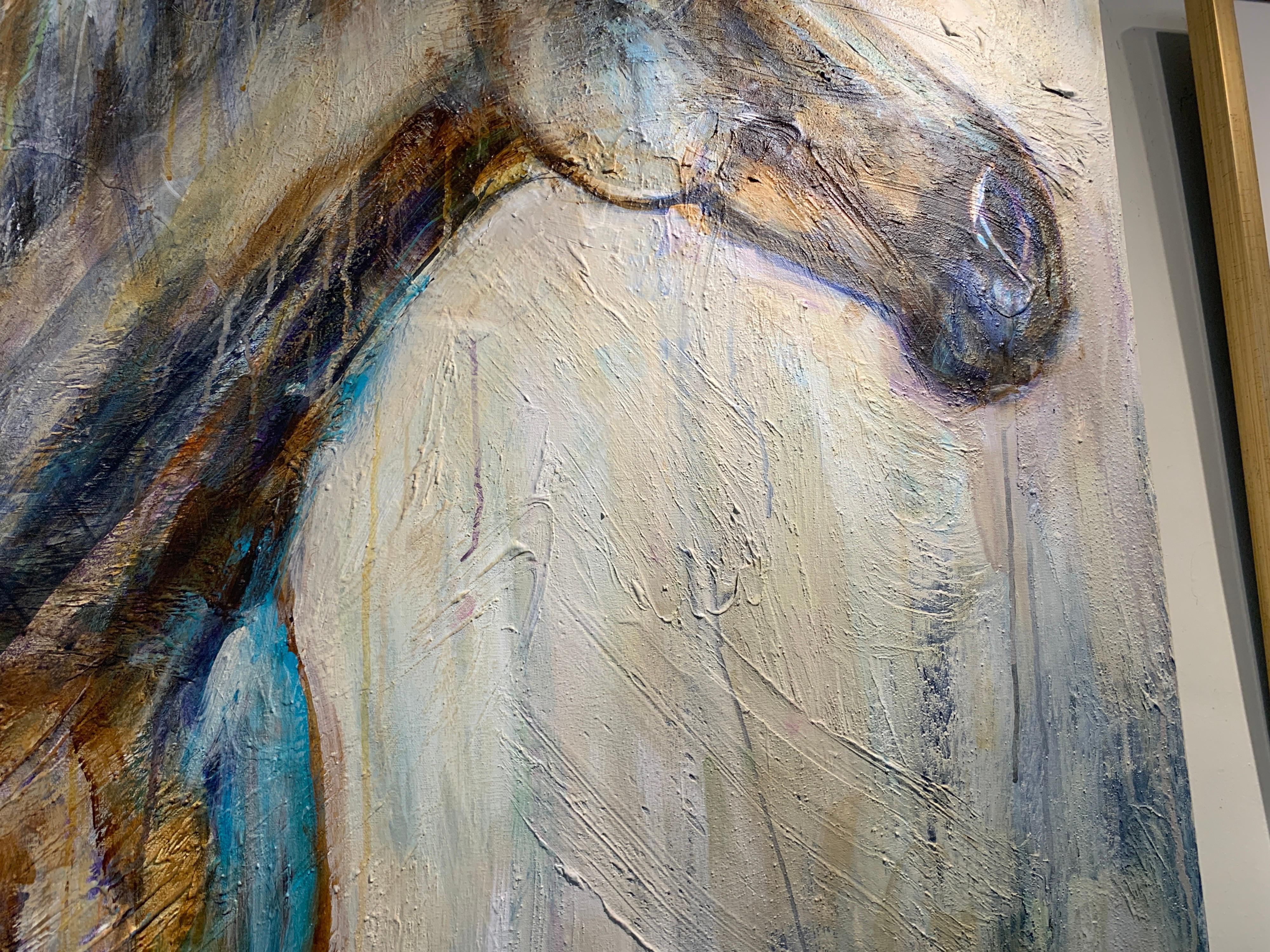 Aristotle by Bonnie B. Cooke Large Contemporary Canvas Horse Painting - Beige Animal Painting by Bonnie Beauchamp-Cooke