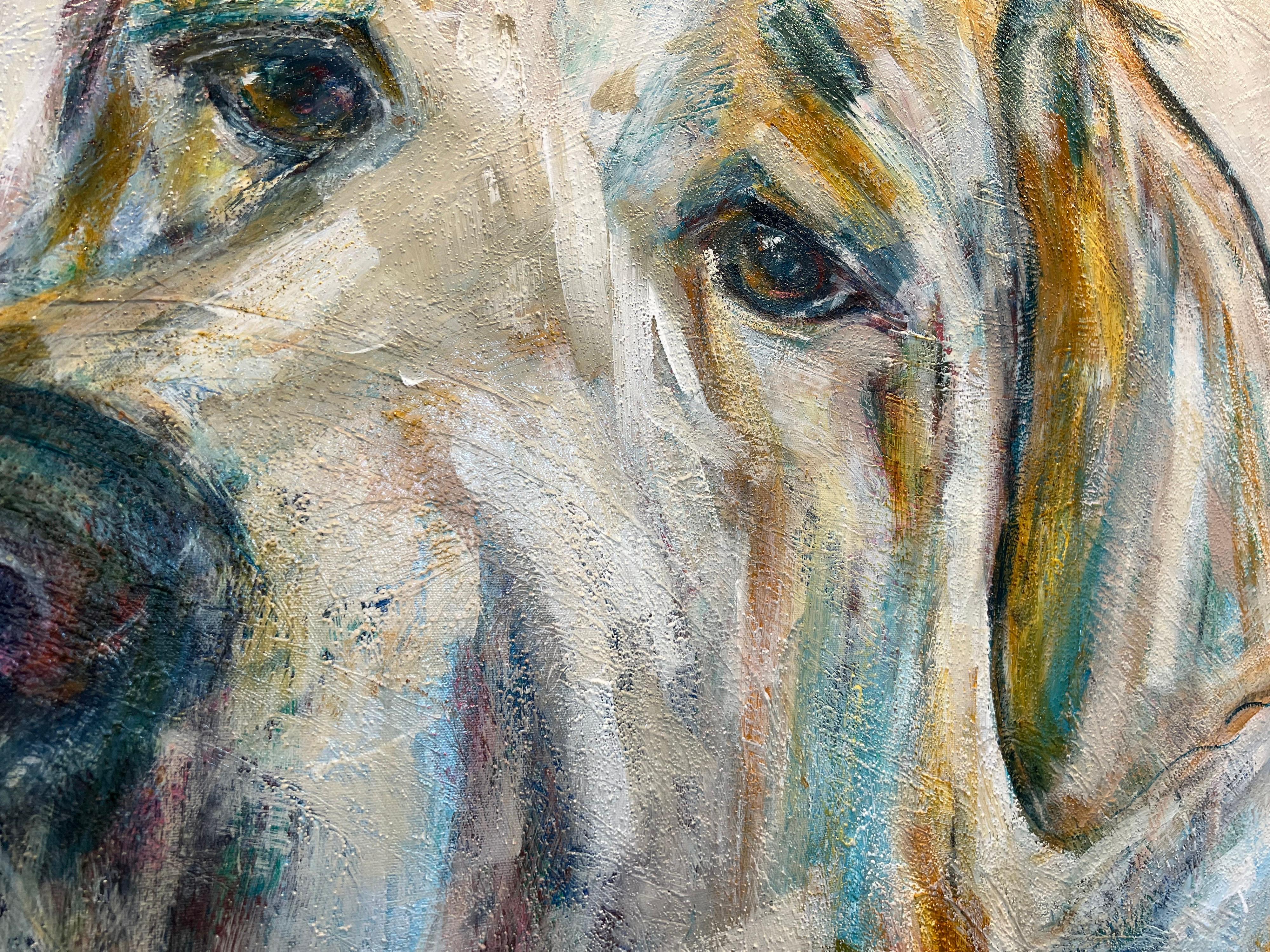 Bleu by Bonnie B. Cooke Contemporary Oil on Canvas Dog Painting - Beige Animal Painting by Bonnie Beauchamp-Cooke