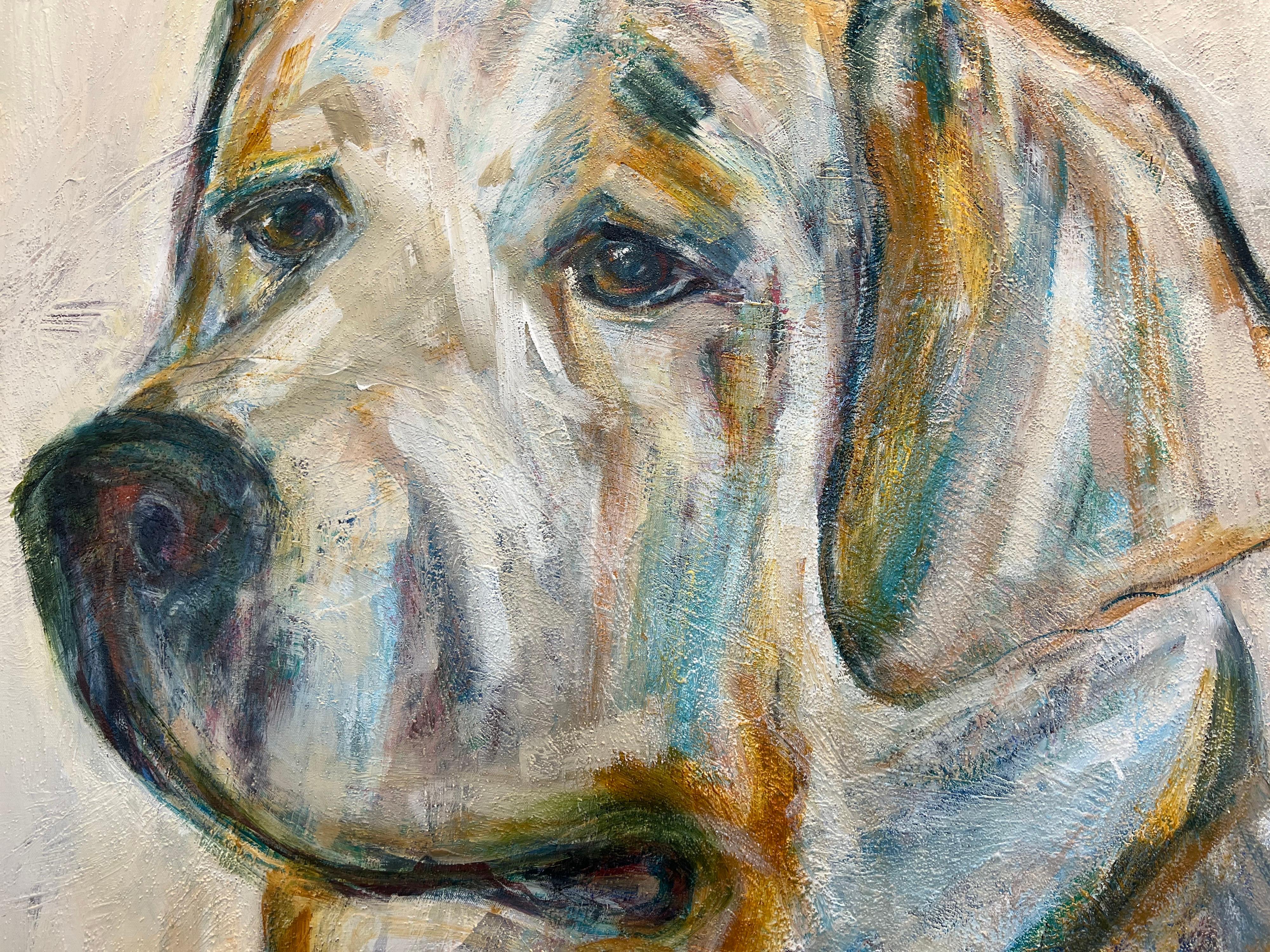 This mixed media on canvas animal painting by American artist and cowgirl Bonnie Beauchamp Cooke is entitled 'Ace and was created in 2021. The painting depicts a Retriever portrait from the side. The subject is so close to us, that we feel like we