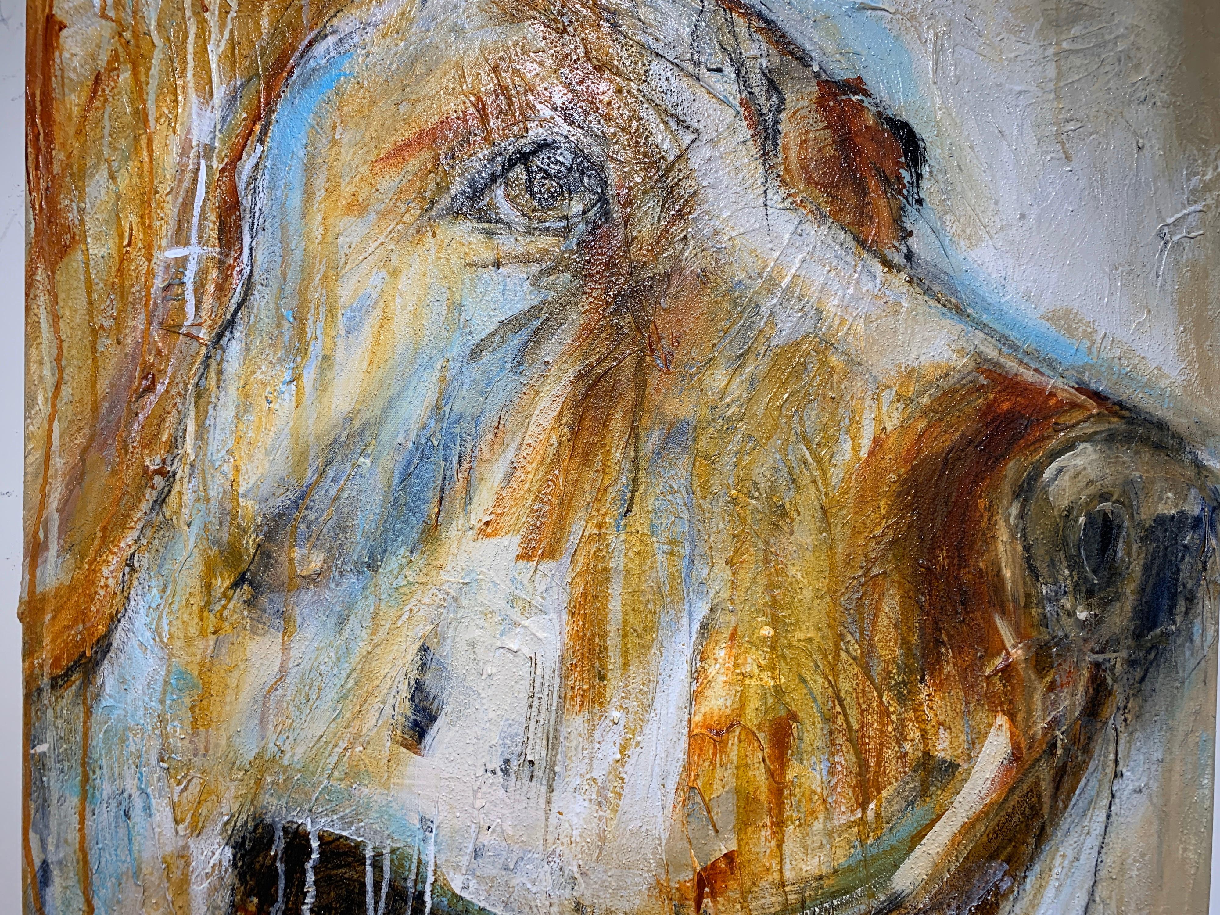 'Goldie' is a vertical contemporary mixed media on canvas dog painting created by American artist Bonnie Beauchamp-Cooke in 2020. This piece features a portrait of a beautiful dog, who is obediently sitting in front of us and looking in our