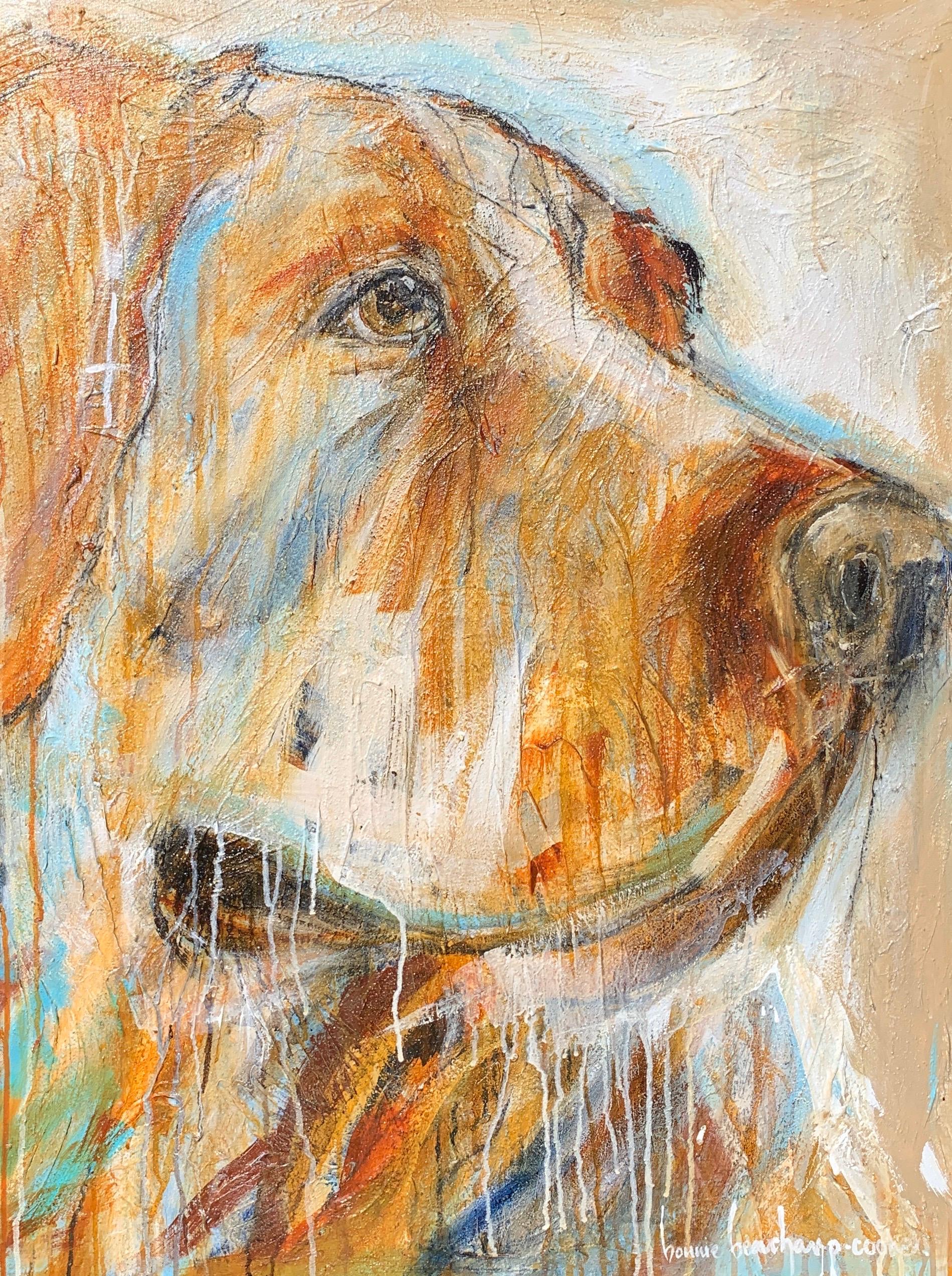 Bonnie Beauchamp-Cooke Animal Painting - Goldie, Contemporary Vertical Format Mixed Media on Canvas Dog Painting
