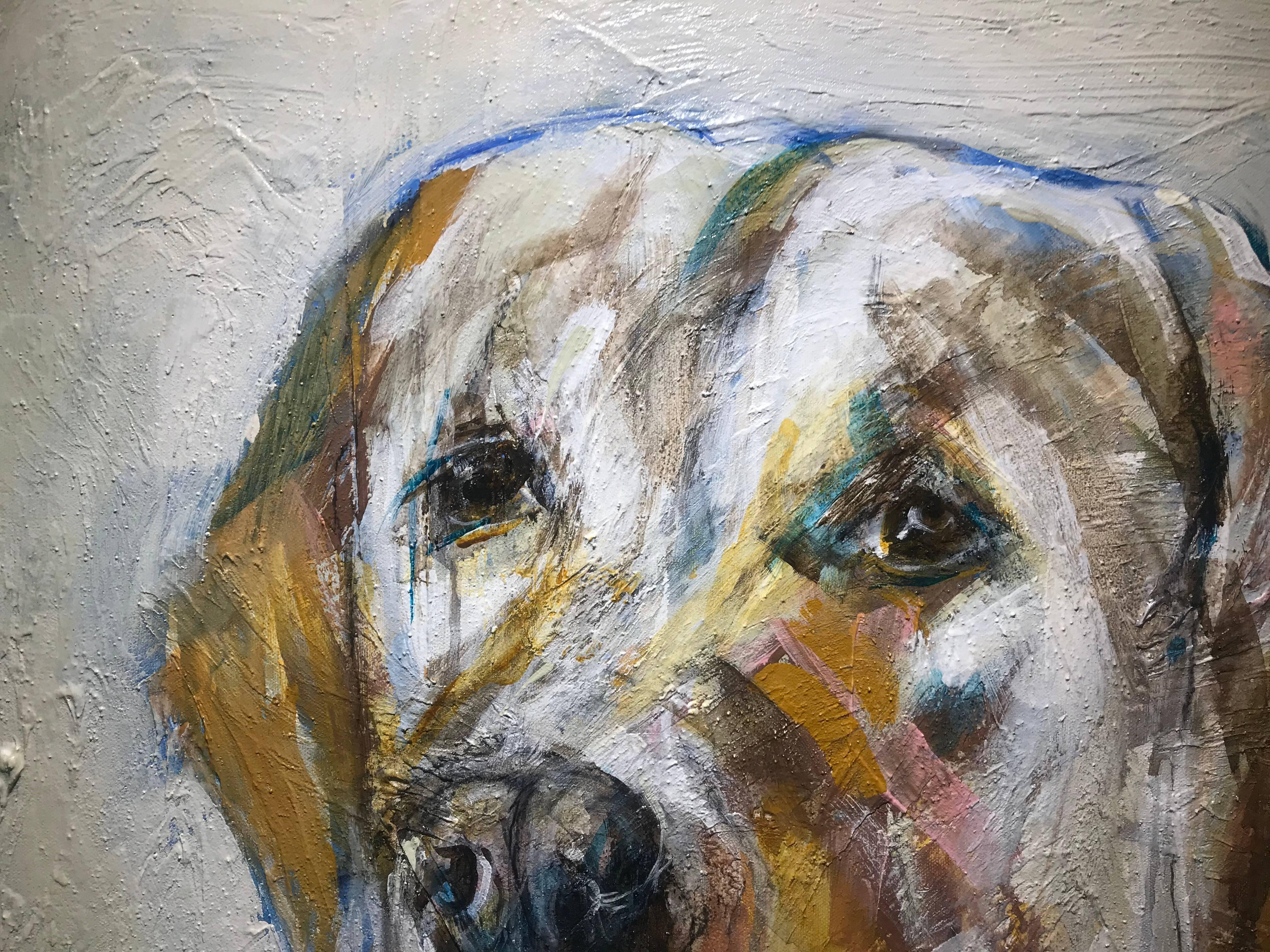 Lucky, Contemporary Square Format Mixed Media on Canvas Dog Painting - Beige Animal Painting by Bonnie Beauchamp-Cooke