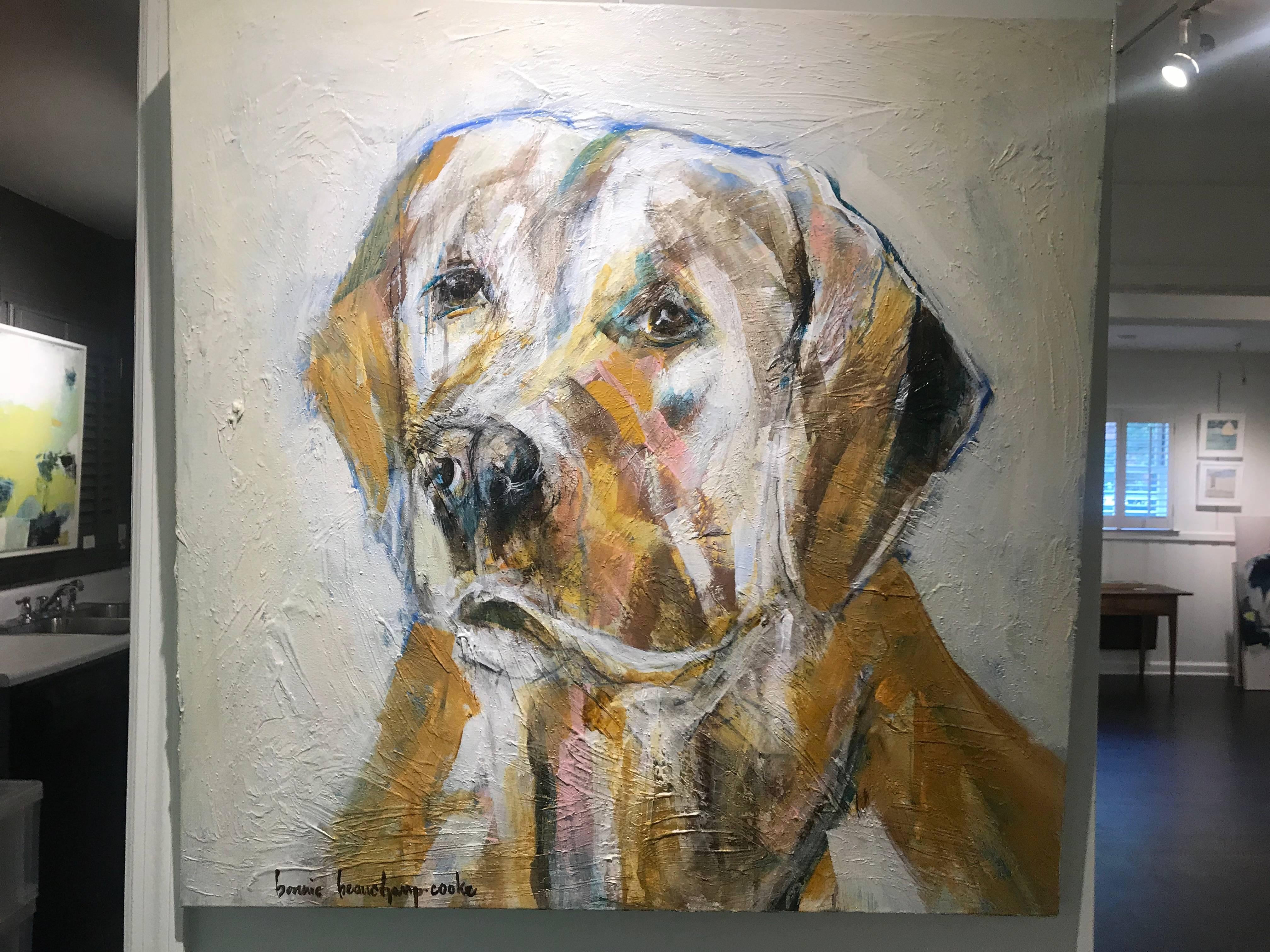 Lucky, Contemporary Square Format Mixed Media on Canvas Dog Painting 2