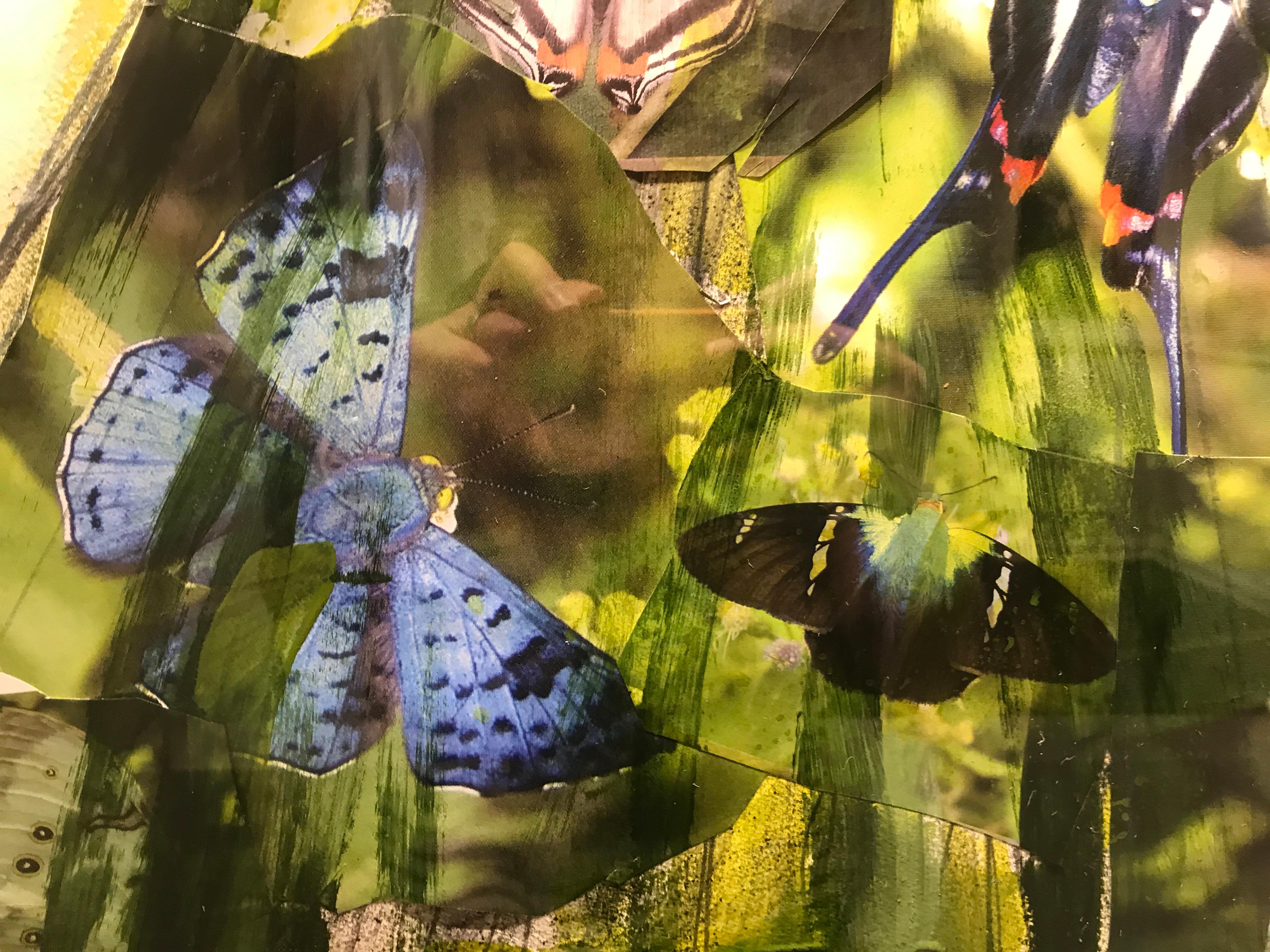 'Madame Butterfly' is a vertical framed Impressionist mixed media on paper painting created by American artist Bonnie Beauchamp-Cooke in 2019. Named after a Puccini opera and featuring a palette made of green, purple and blue tones, the painting