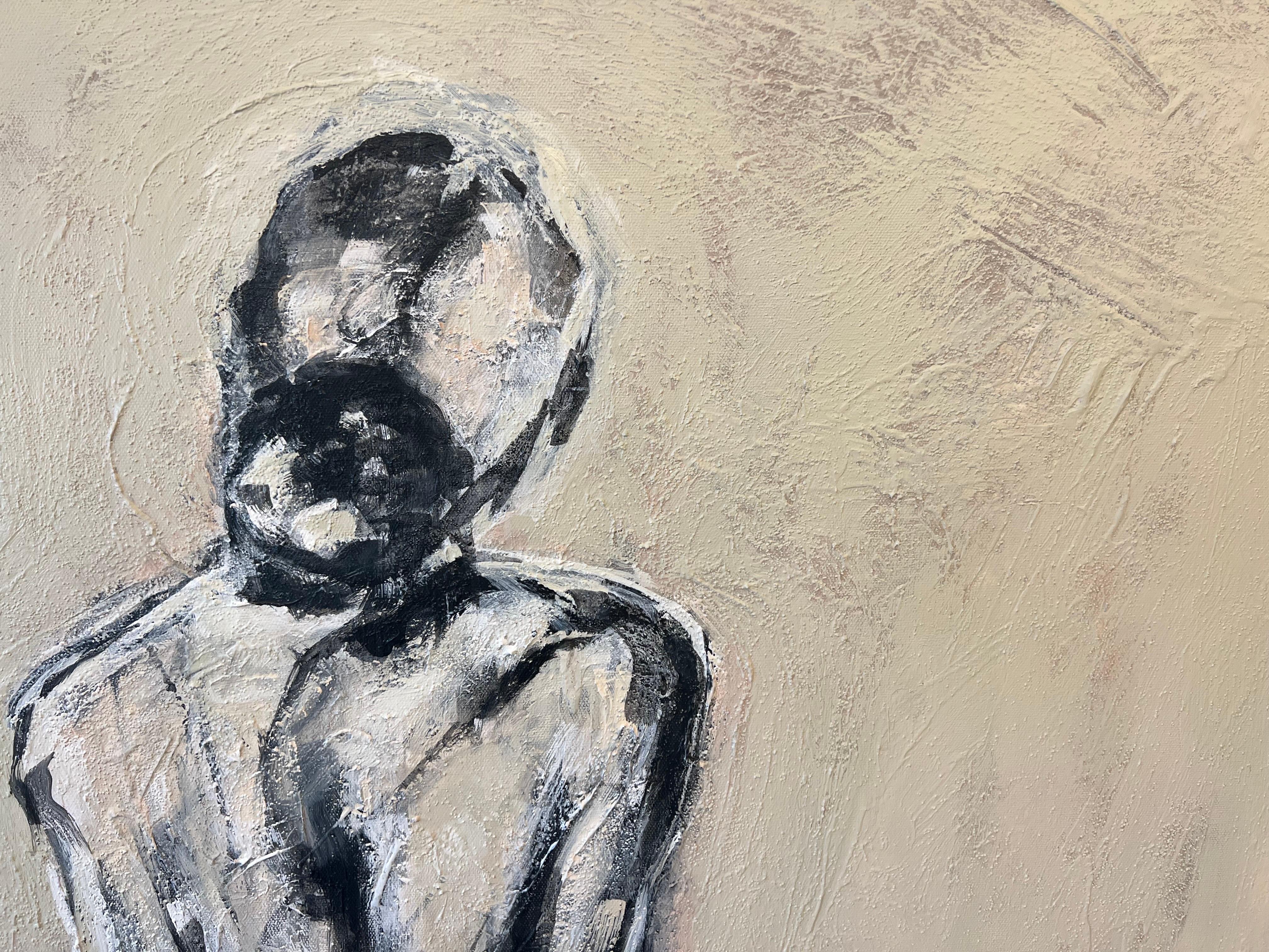 El vestidito negro de Prada por Bonnie B. Cooke, Figura contemporánea al óleo sobre lienzo - Painting Impresionista de Bonnie Beauchamp-Cooke