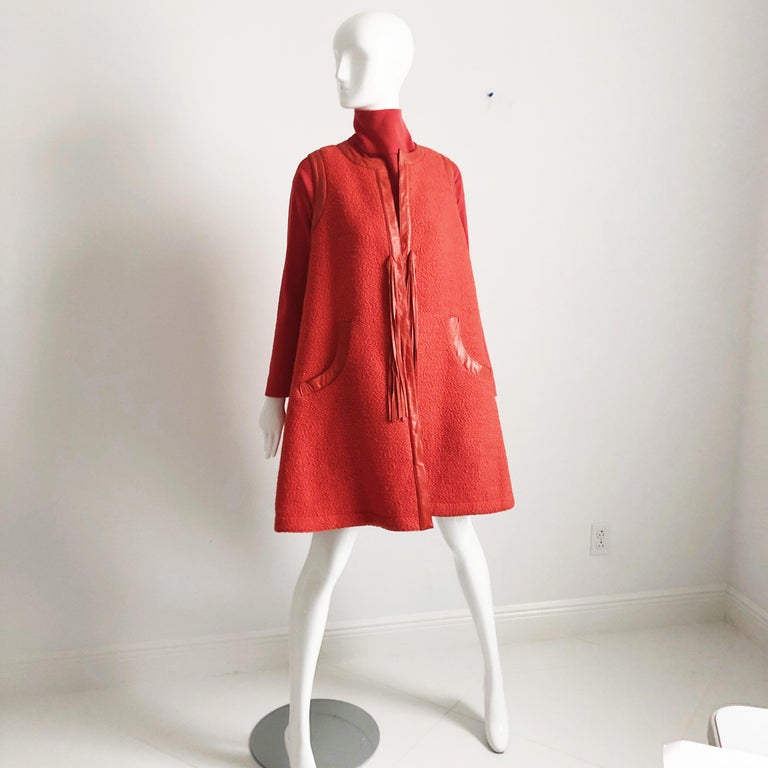Bonnie Cashin Vest & Dress 2pc Set Red Boucle Knit Leather Trim Fringe 1960s  2