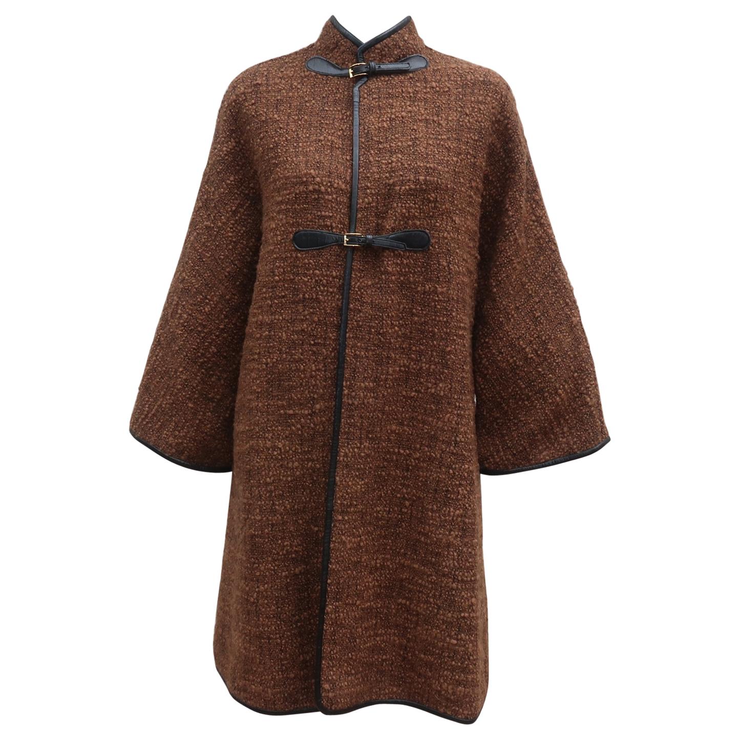 Bonnie Cashin Brown Boucle Coat With Black Leather Trim, 1960's