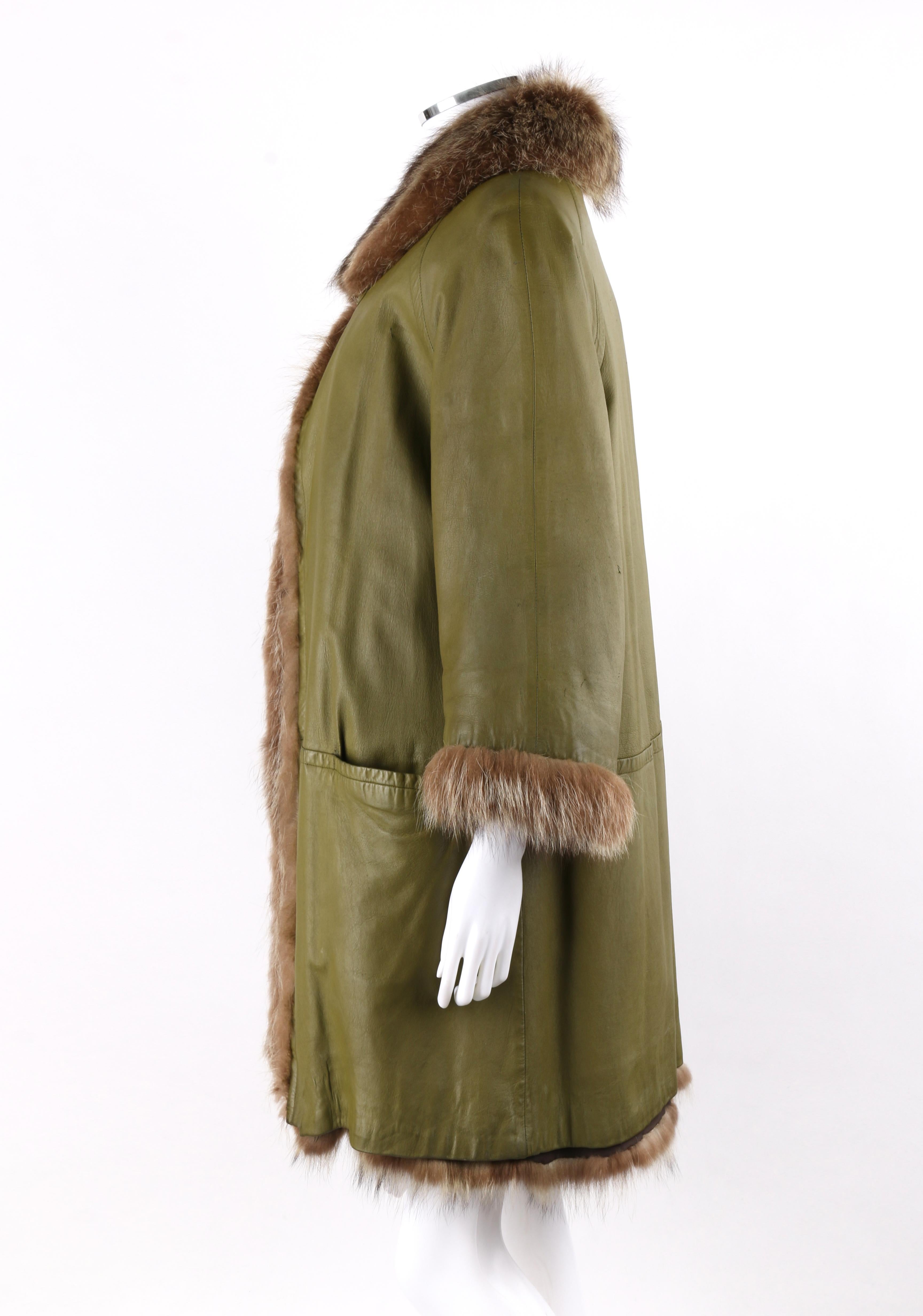 Brown BONNIE CASHIN c.1960’s SILLS & Co. Olive Green Raccoon Fur Leather Mod Overcoat For Sale