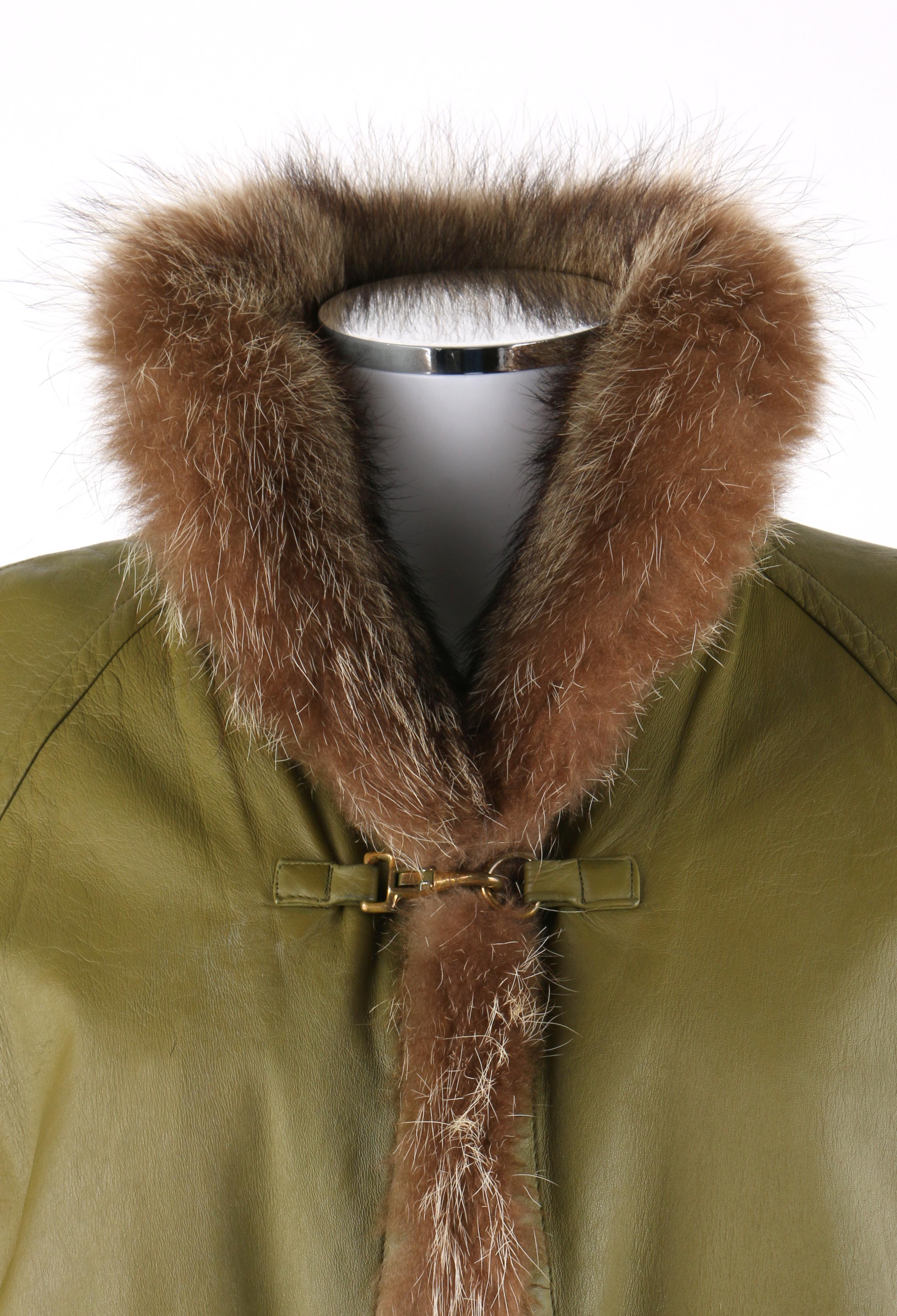 Women's BONNIE CASHIN c.1960’s SILLS & Co. Olive Green Raccoon Fur Leather Mod Overcoat For Sale