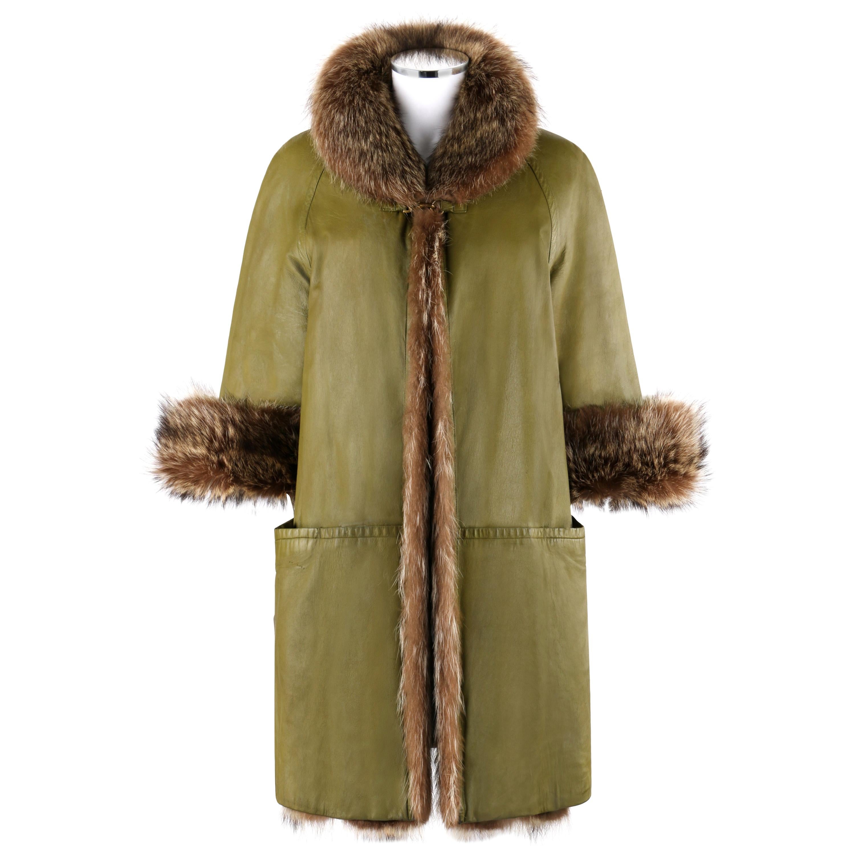 BONNIE CASHIN c.1960’s SILLS & Co. Olive Green Raccoon Fur Leather Mod Overcoat For Sale