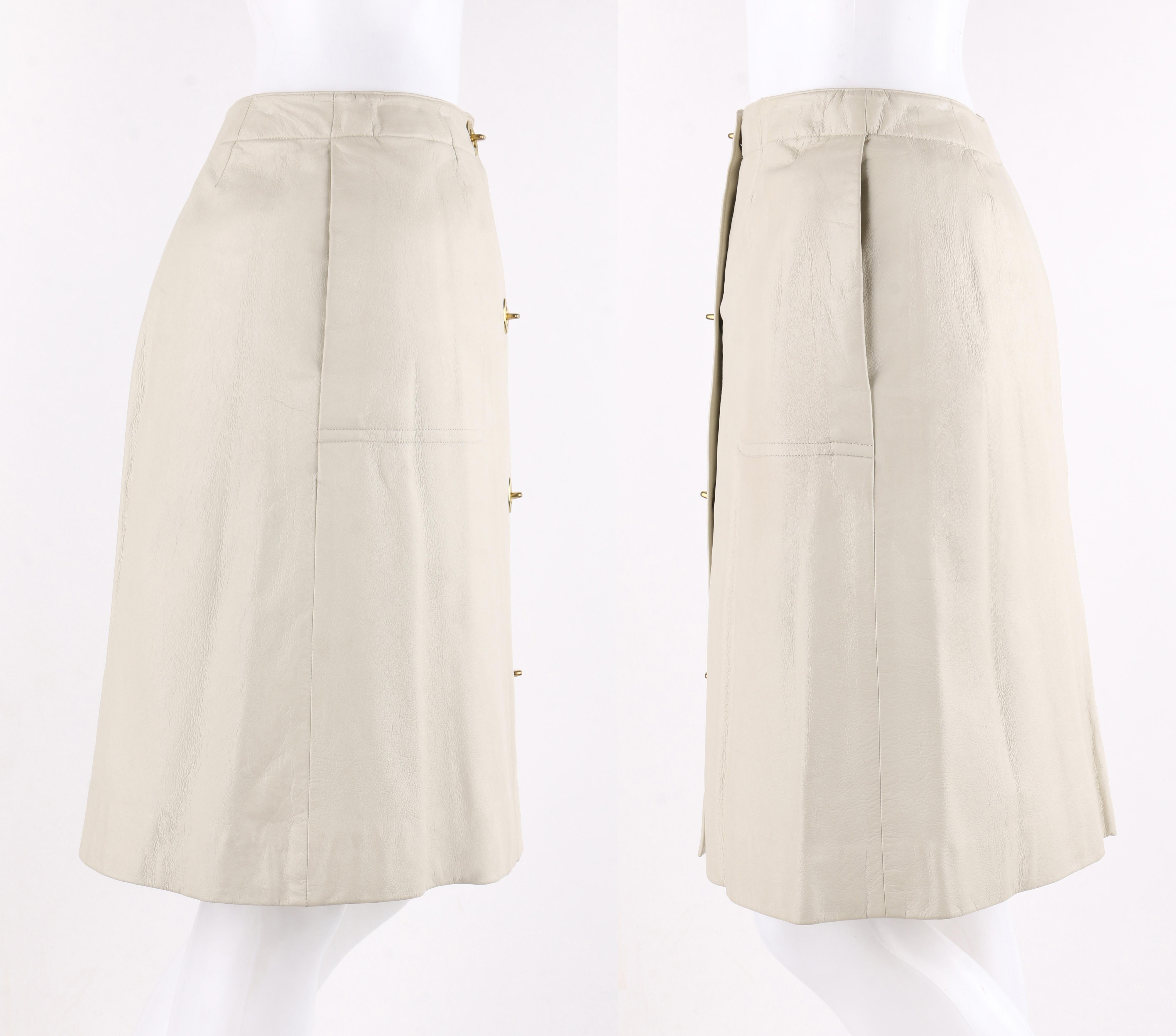 BONNIE CASHIN c.1970’s Sills Off-White Leather Gold Twist Lock Jacket Skirt Set For Sale 1