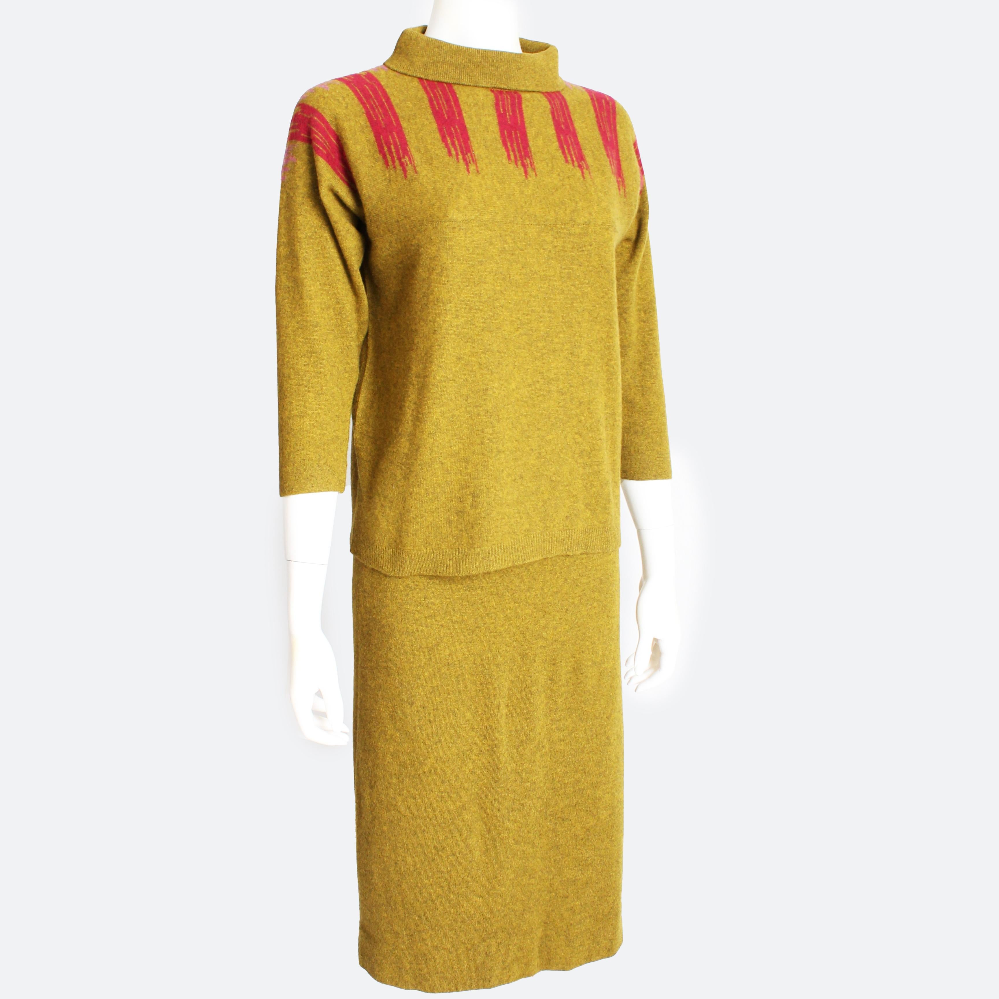This incredible two-piece ensemble was designed by the most significant American designer of our time, Bonnie Cashin. Made from an incredibly supple mustard cashmere knit, it features an abstract intarsia design in raspberry on the front and in
