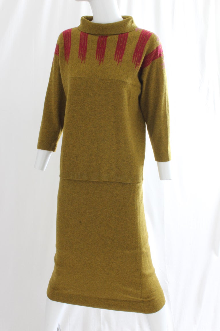 Bonnie Cashin Cashmere Sweater and Skirt Suit 2pc Intarsia Knit Saks 60s S For Sale 1
