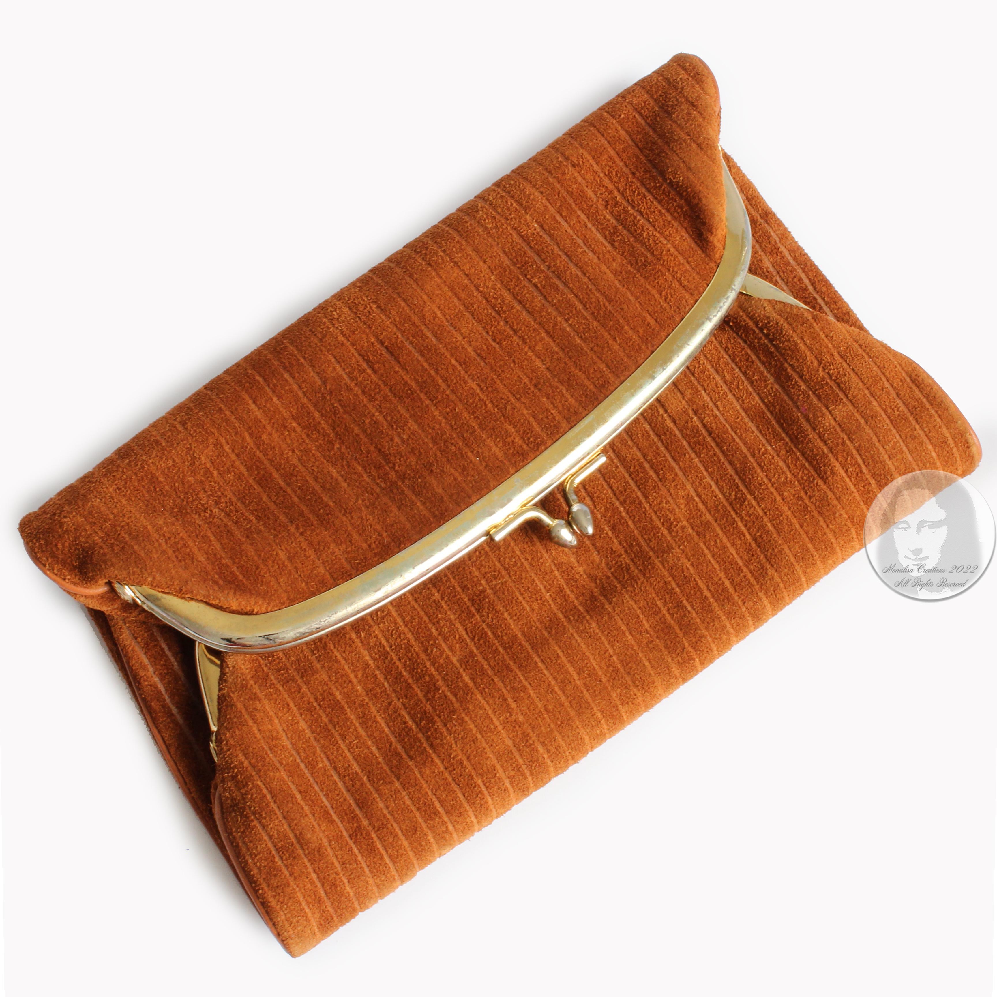 Bonnie Cashin Clutch Bag Double Kisslock Pouch Wallet Tan Suede Leather Rare 60s 3