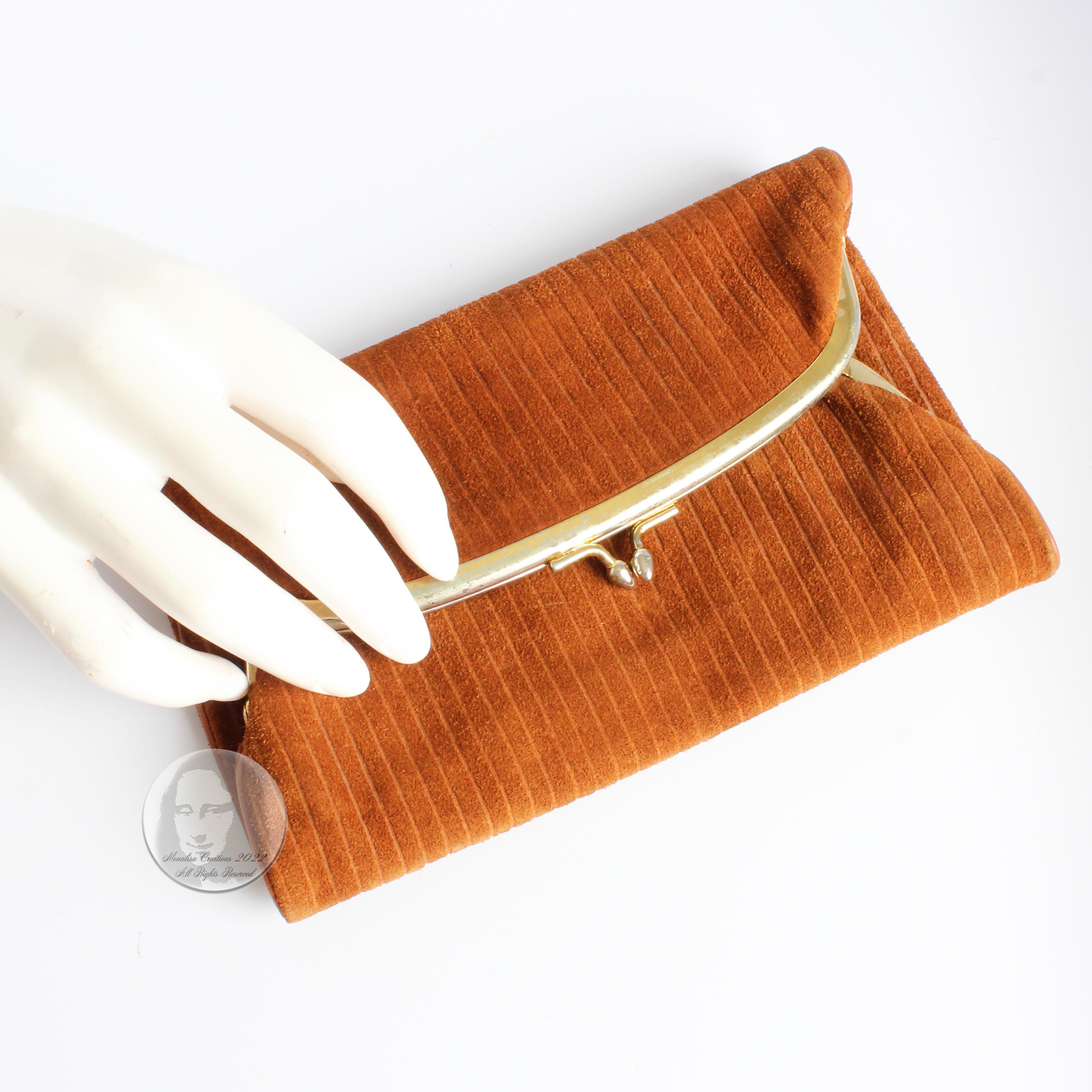 Bonnie Cashin Clutch Bag Double Kisslock Pouch Wallet Tan Suede Leather Rare 60s 4