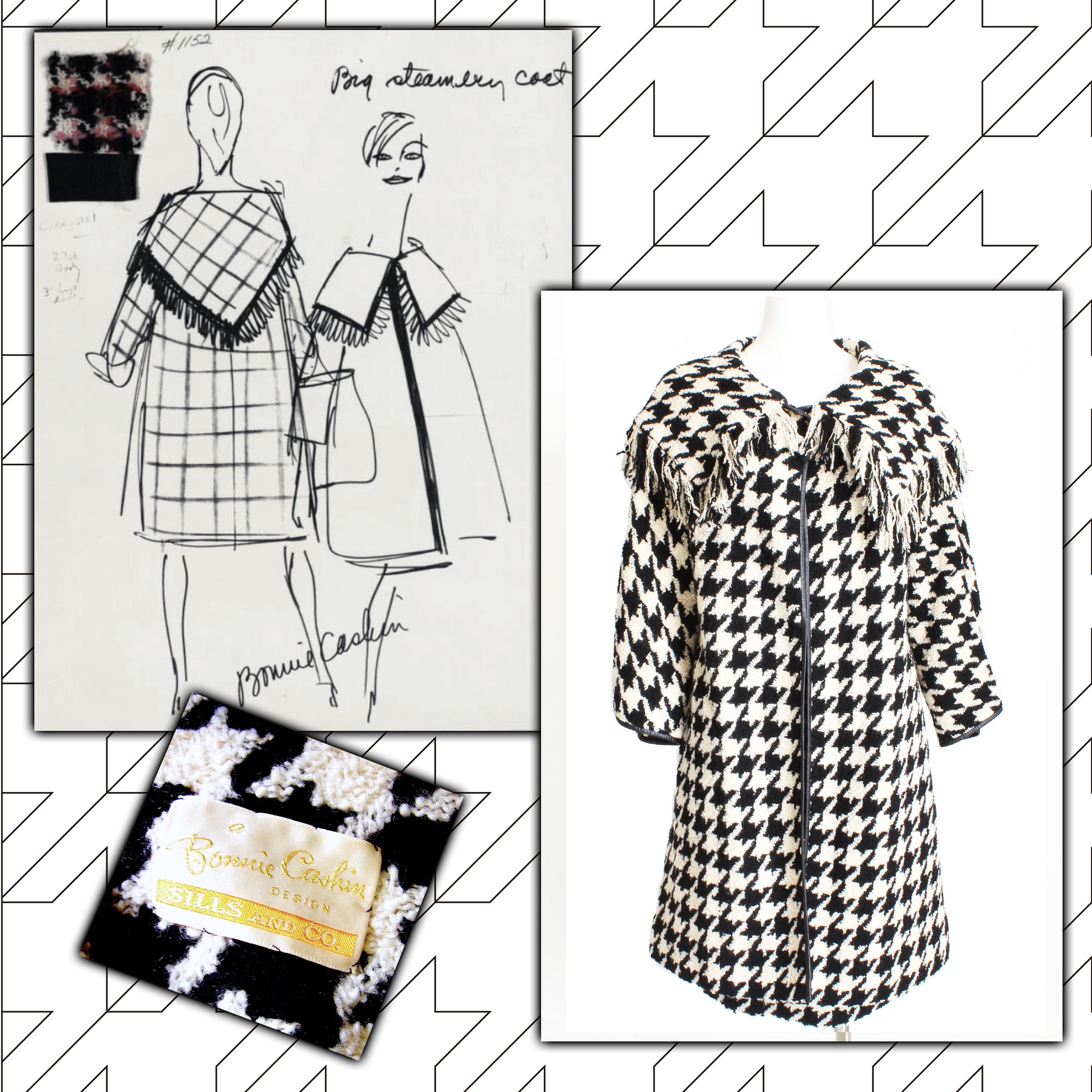 Dieses fabelhafte Ensemble wurde von der Mutter der amerikanischen Sportswear, Bonnie Cashin, entworfen. Die Jacke ist aus einem großflächigen Boucle-Wollstrick mit Hahnentrittmuster gefertigt, mit schwarzem Leder besetzt und hat einen großen