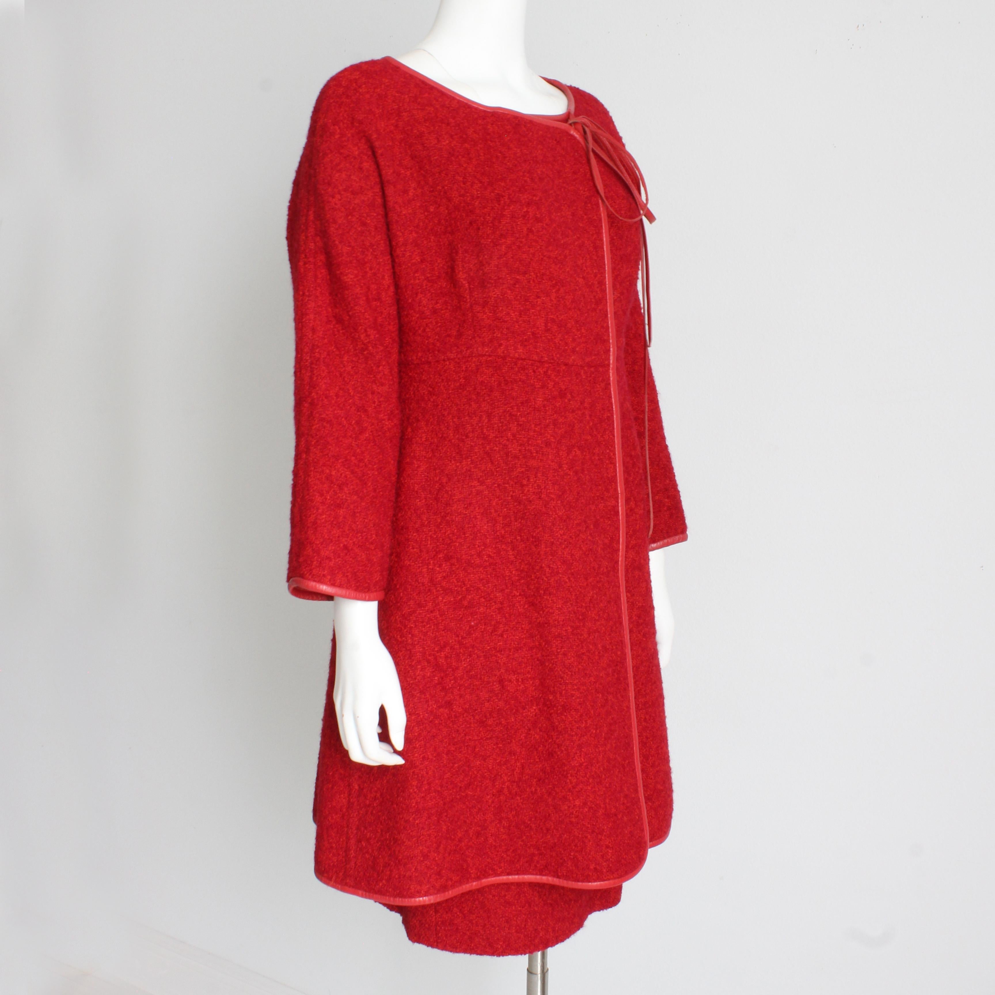 Red Bonnie Cashin Coat Skirt Suit 2pc Set Cherry Boucle Wool Leather Trim Vintage For Sale