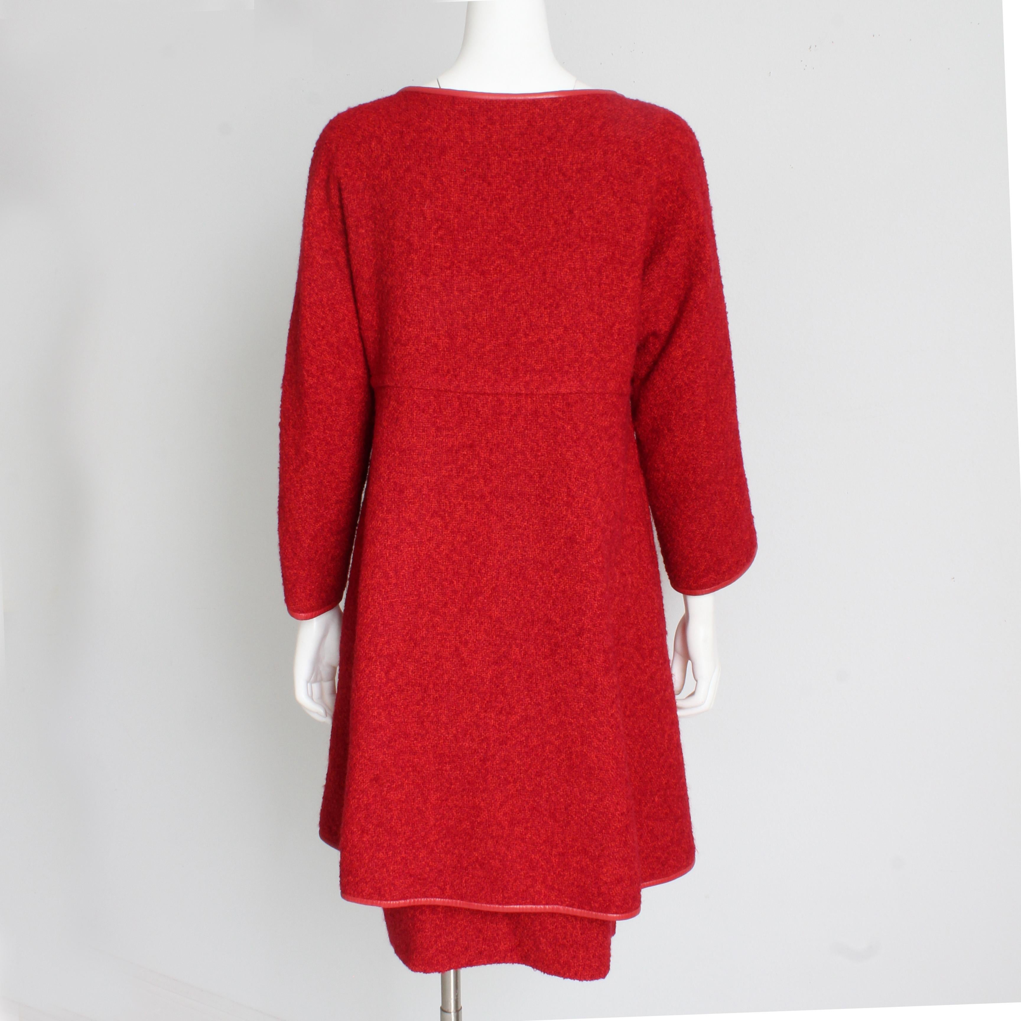Women's Bonnie Cashin Coat Skirt Suit 2pc Set Cherry Boucle Wool Leather Trim Vintage For Sale