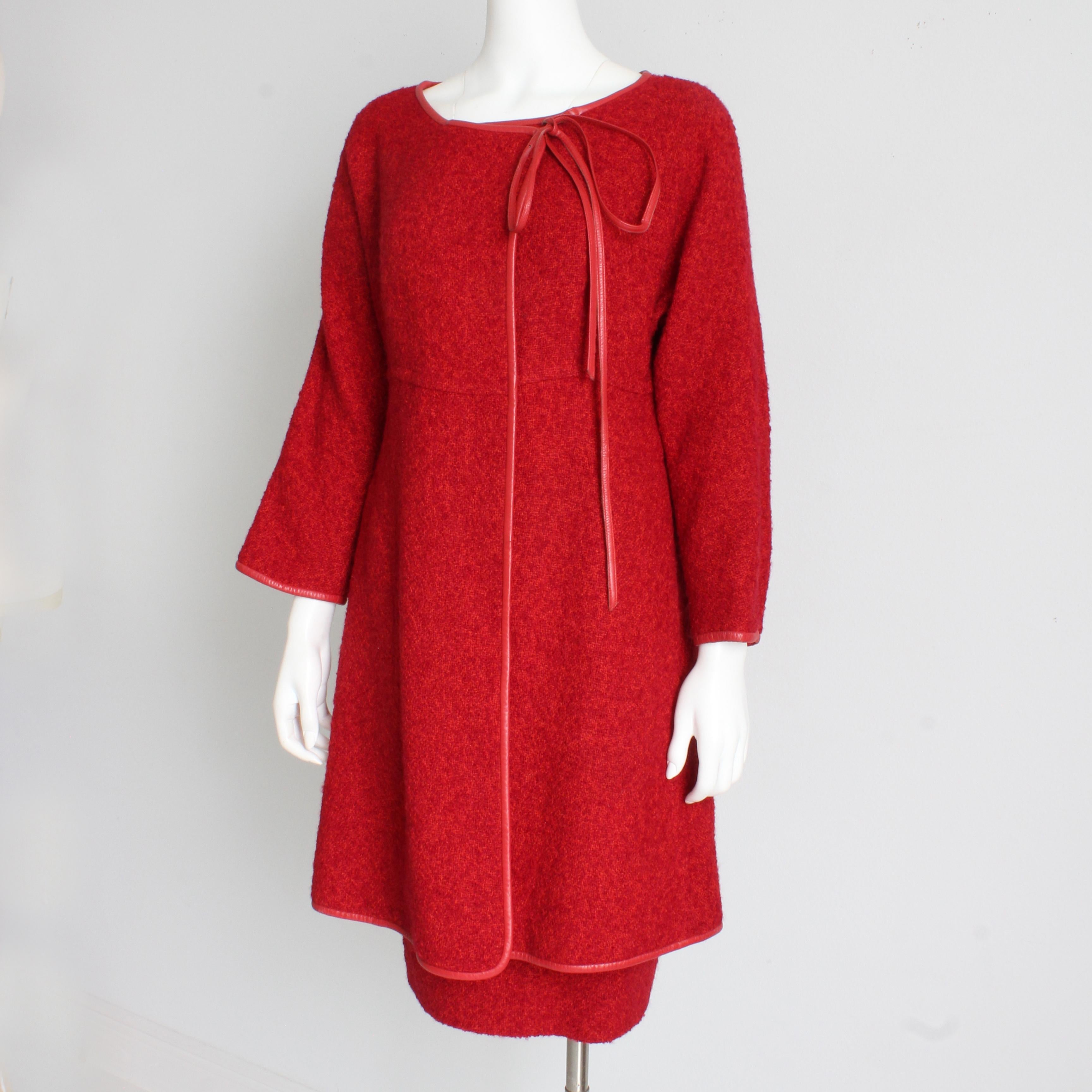 Bonnie Cashin Coat Skirt Suit 2pc Set Cherry Boucle Wool Leather Trim Vintage For Sale 2