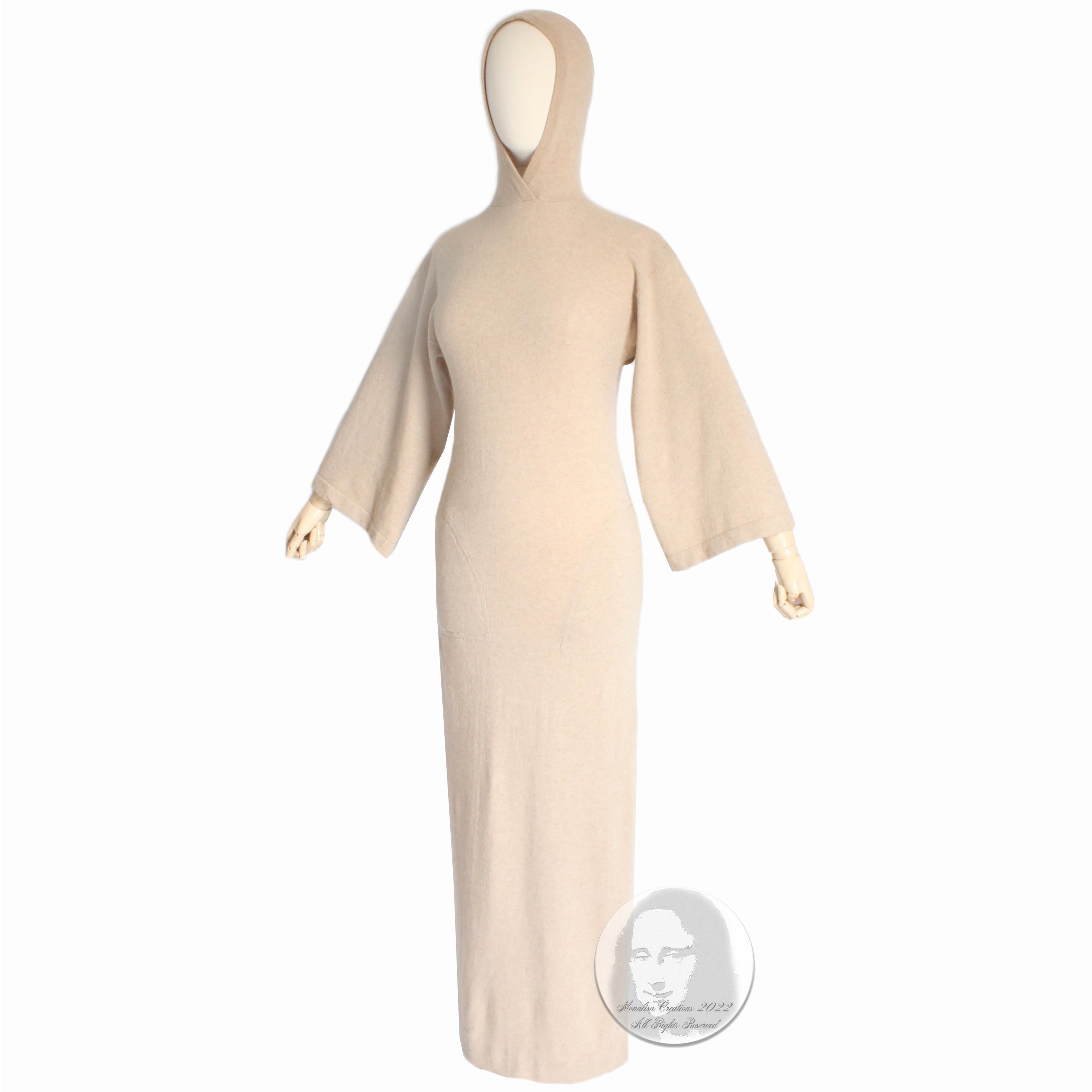 SUPER RARE Bonnie Cashin dress with hood, likely made in the early 70s. Made from a gorgeous oatmeal colored cashmere knit, this rare dress features Kimono-style sleeves, half-moon pockets at each hip and a hood!   Incredibly soft and fabulously