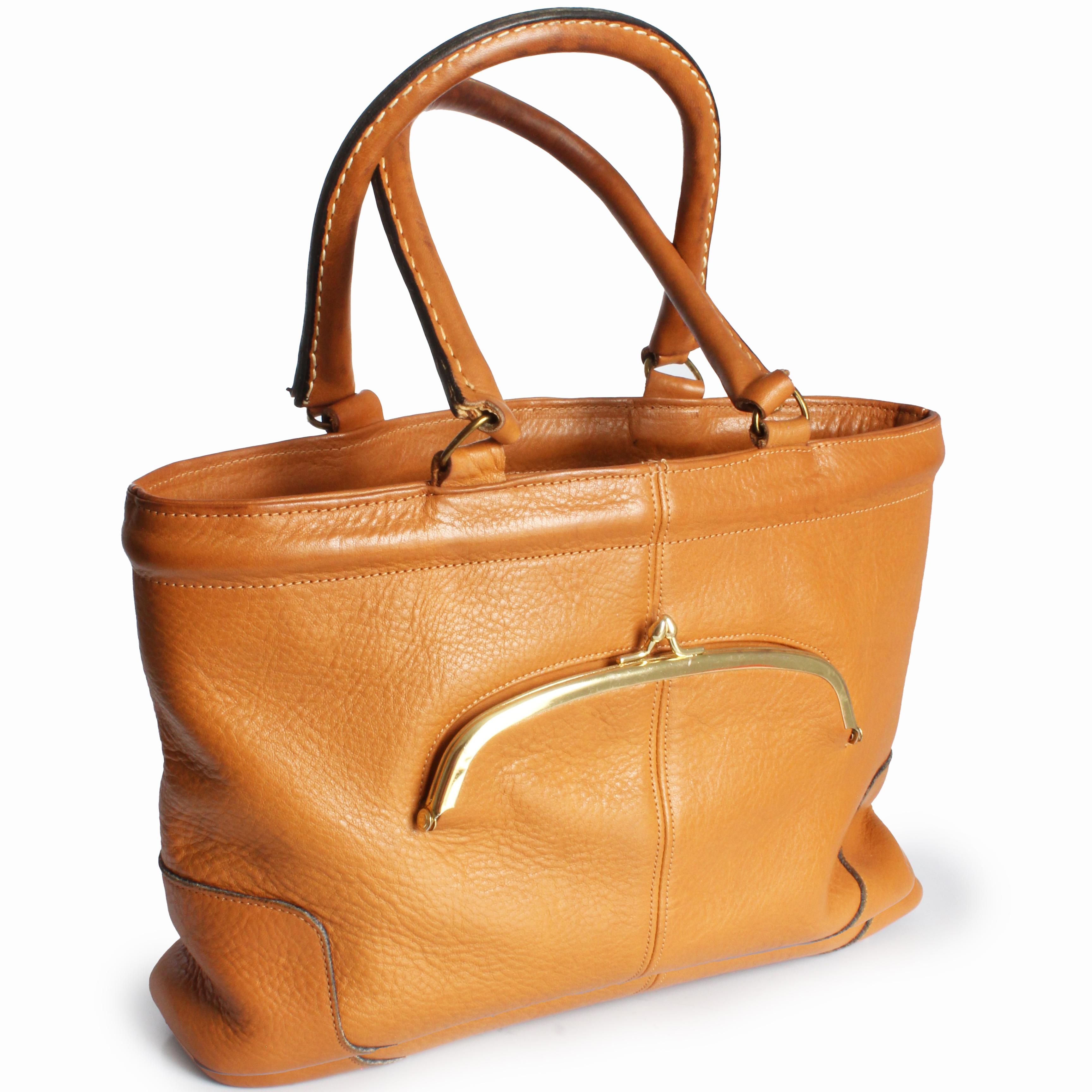 Orange Bonnie Cashin for Coach Chunky Tote Bag Kisslock Tan Leather Vintage 1960s Rare For Sale