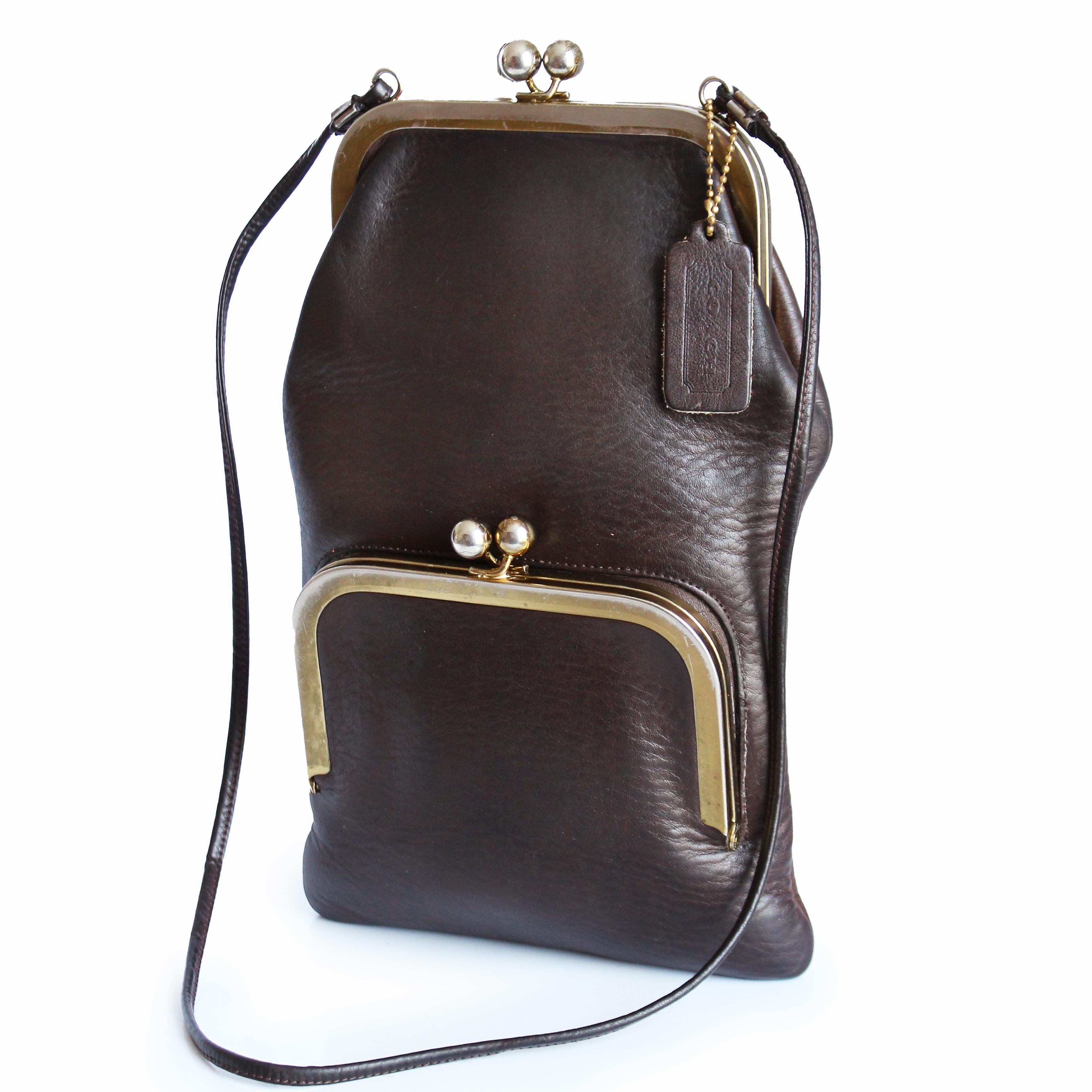 Bonnie Cashin for Coach Swinger Bag Double Frame Kiss Lock Mocha Leather Vintage 1