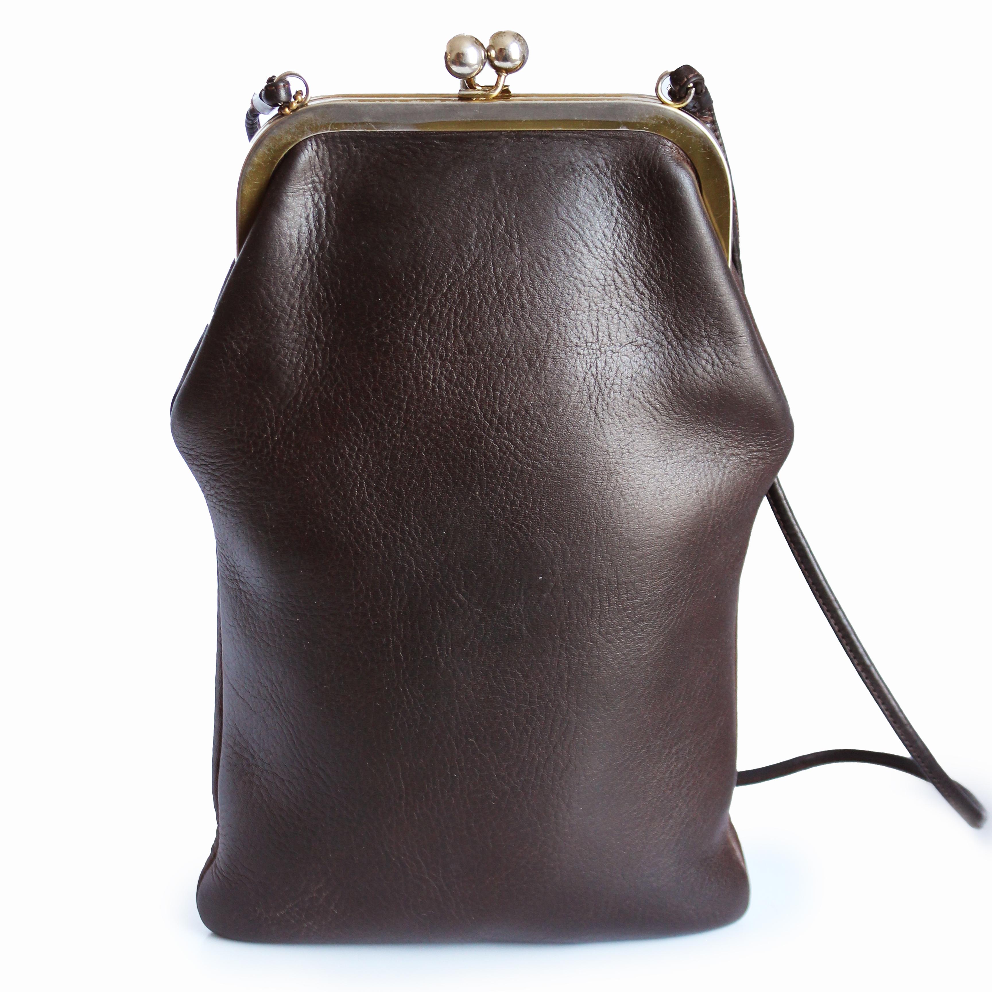 Bonnie Cashin for Coach Swinger Bag Double Frame Kiss Lock Mocha Leather Vintage 3