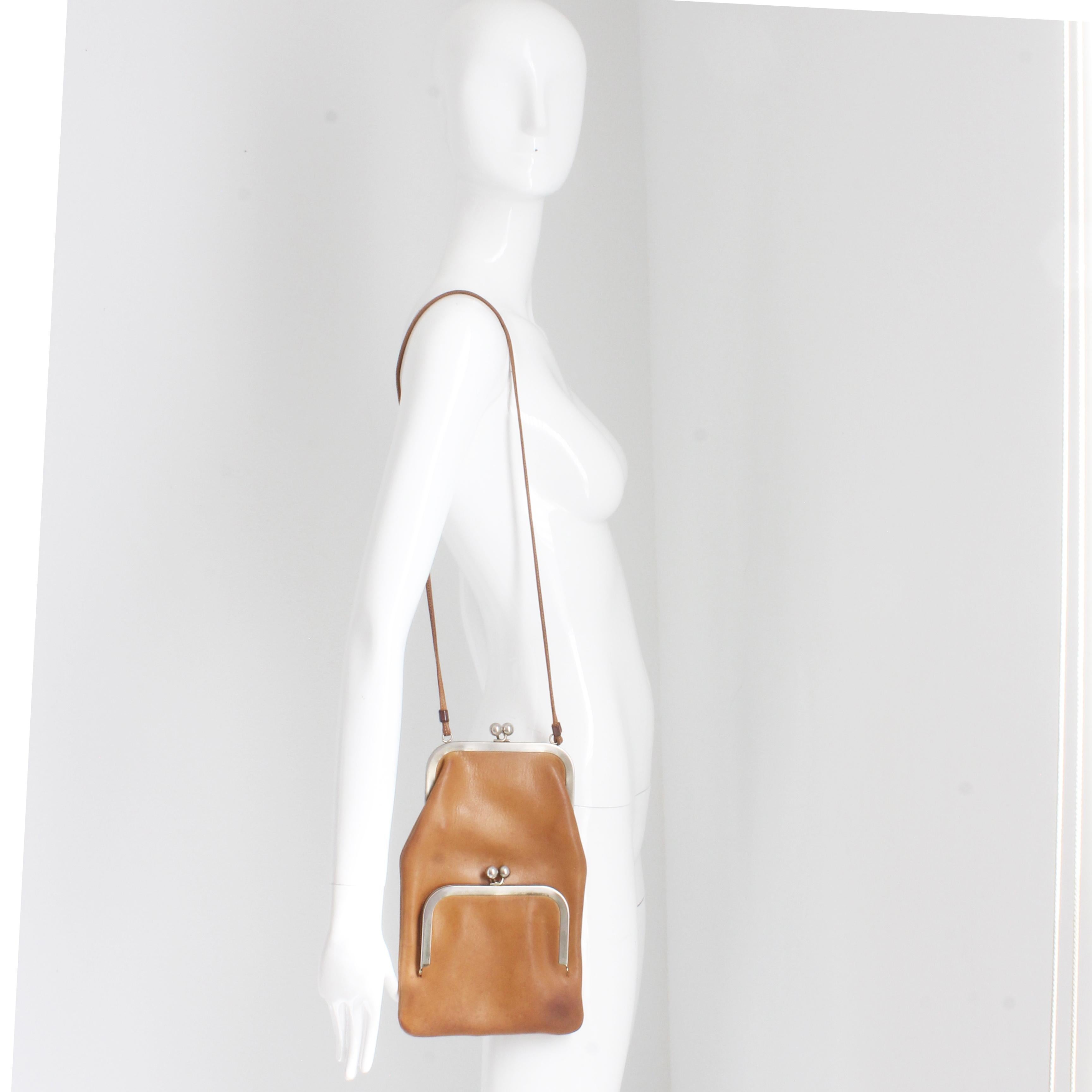 Brown Bonnie Cashin for Coach Swinger Bag Double Frame Kiss Lock Tan Leather Vintage