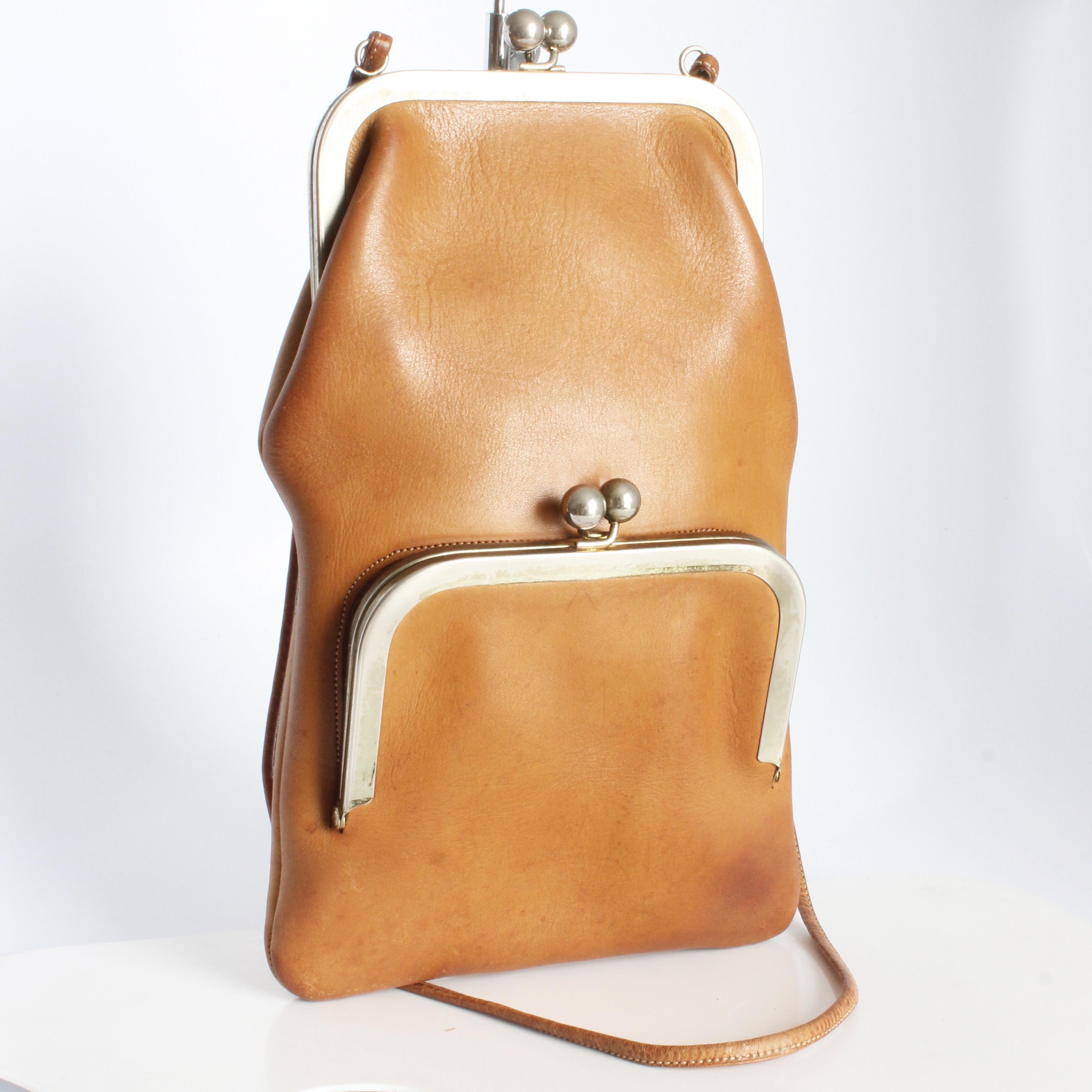 Bonnie Cashin for Coach Swinger Bag Double Frame Kiss Lock Tan Leather Vintage 1