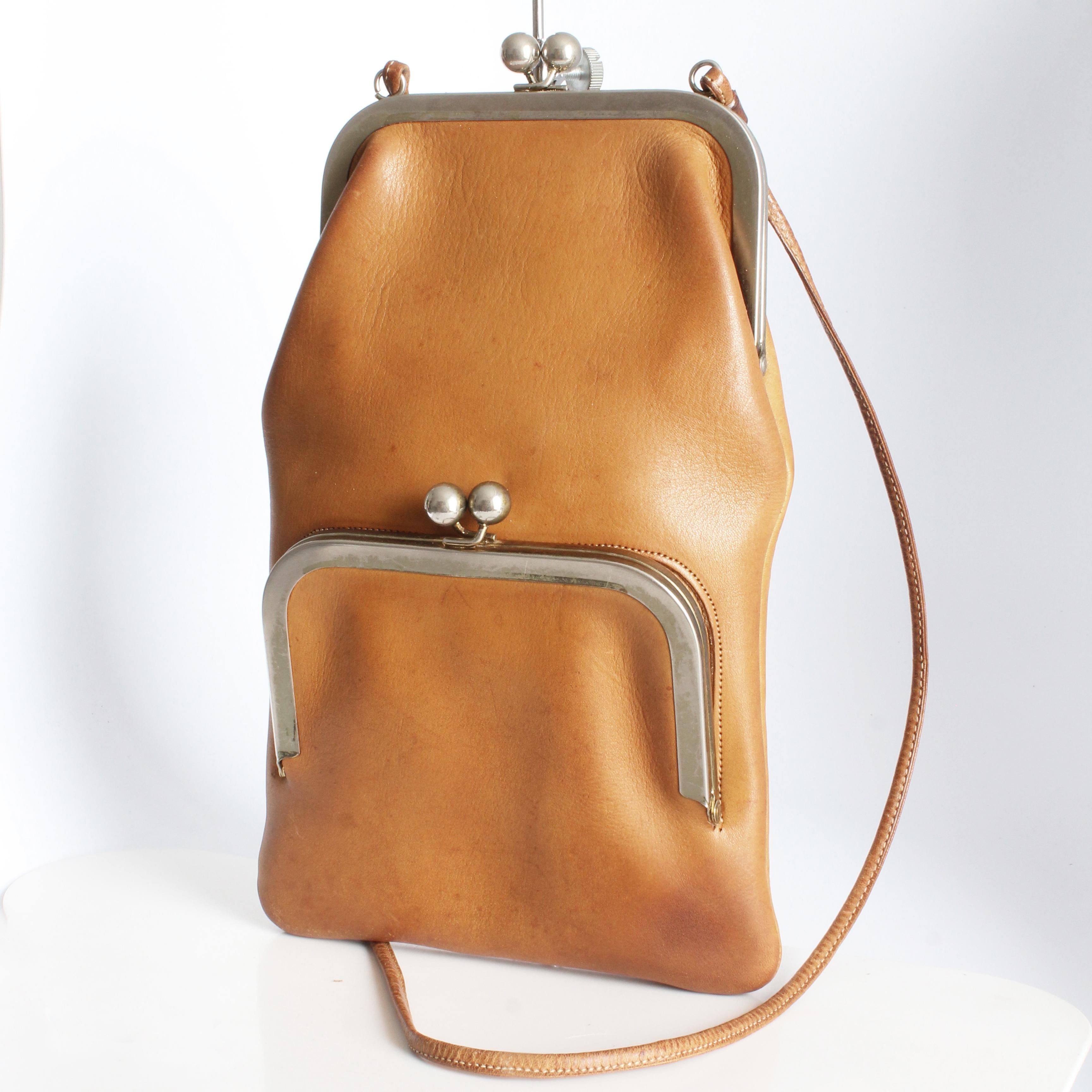 Bonnie Cashin for Coach Swinger Bag Double Frame Kiss Lock Tan Leather Vintage 2
