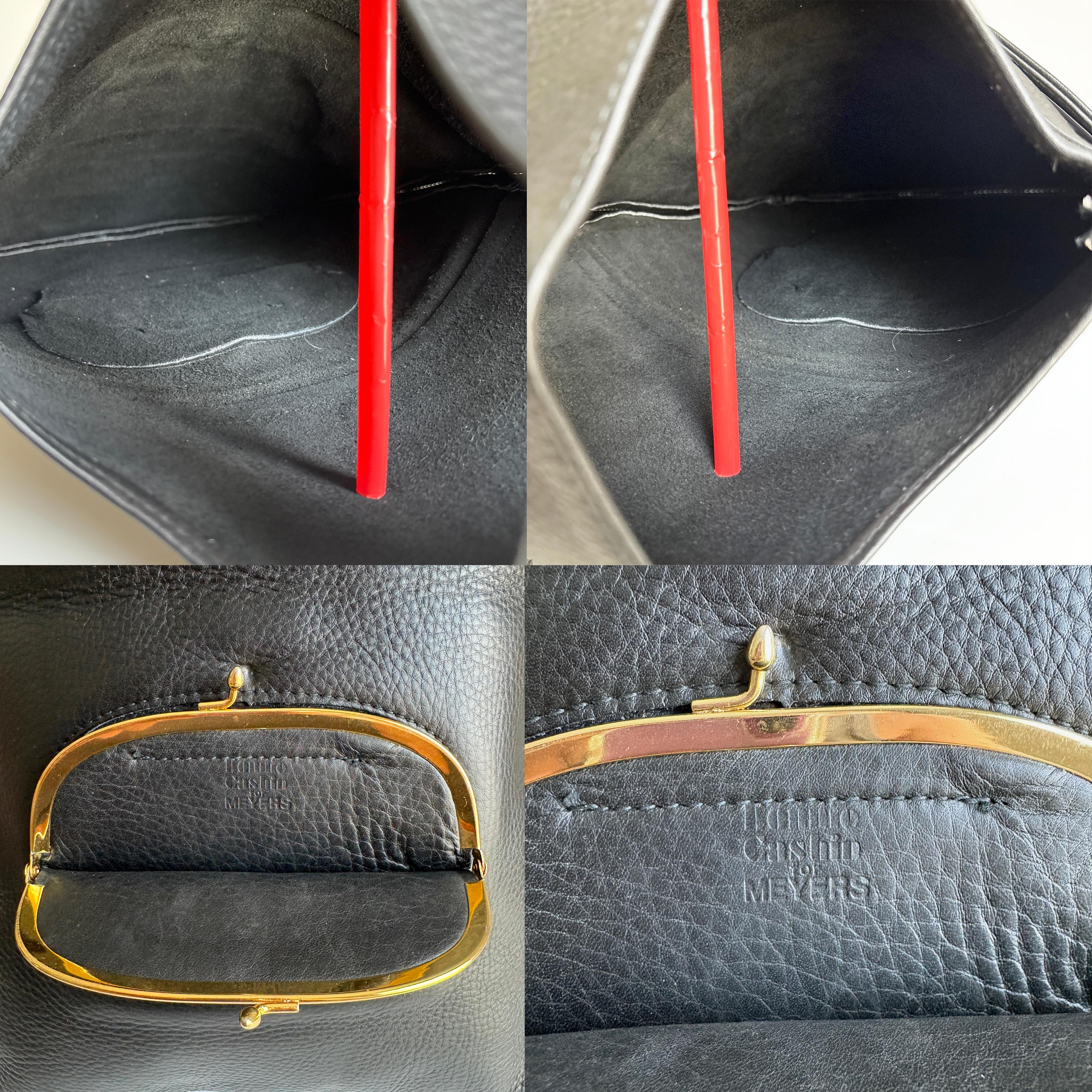 Bonnie Cashin para Meyers Bolsa bandolera Piel negra Bolsillo enrejado Raros años 70 Vintage en venta 7