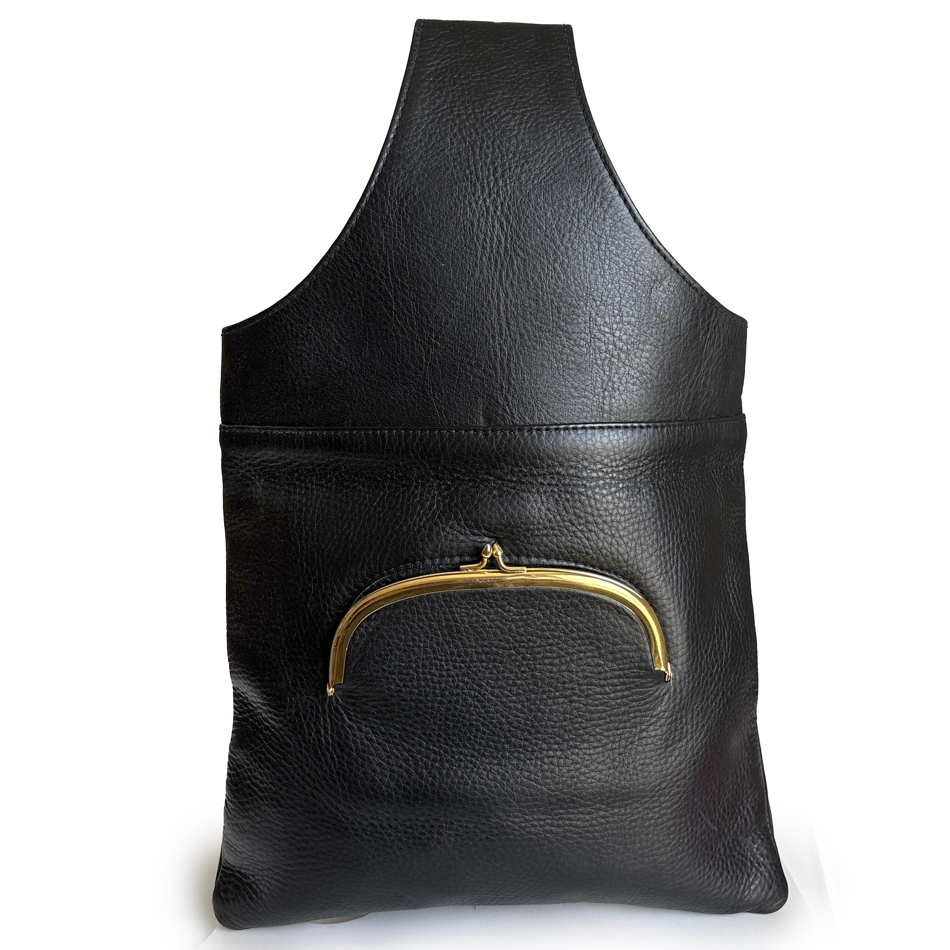 Bonnie Cashin para Meyers Bolsa bandolera Piel negra Bolsillo enrejado Raros años 70 Vintage en venta 2
