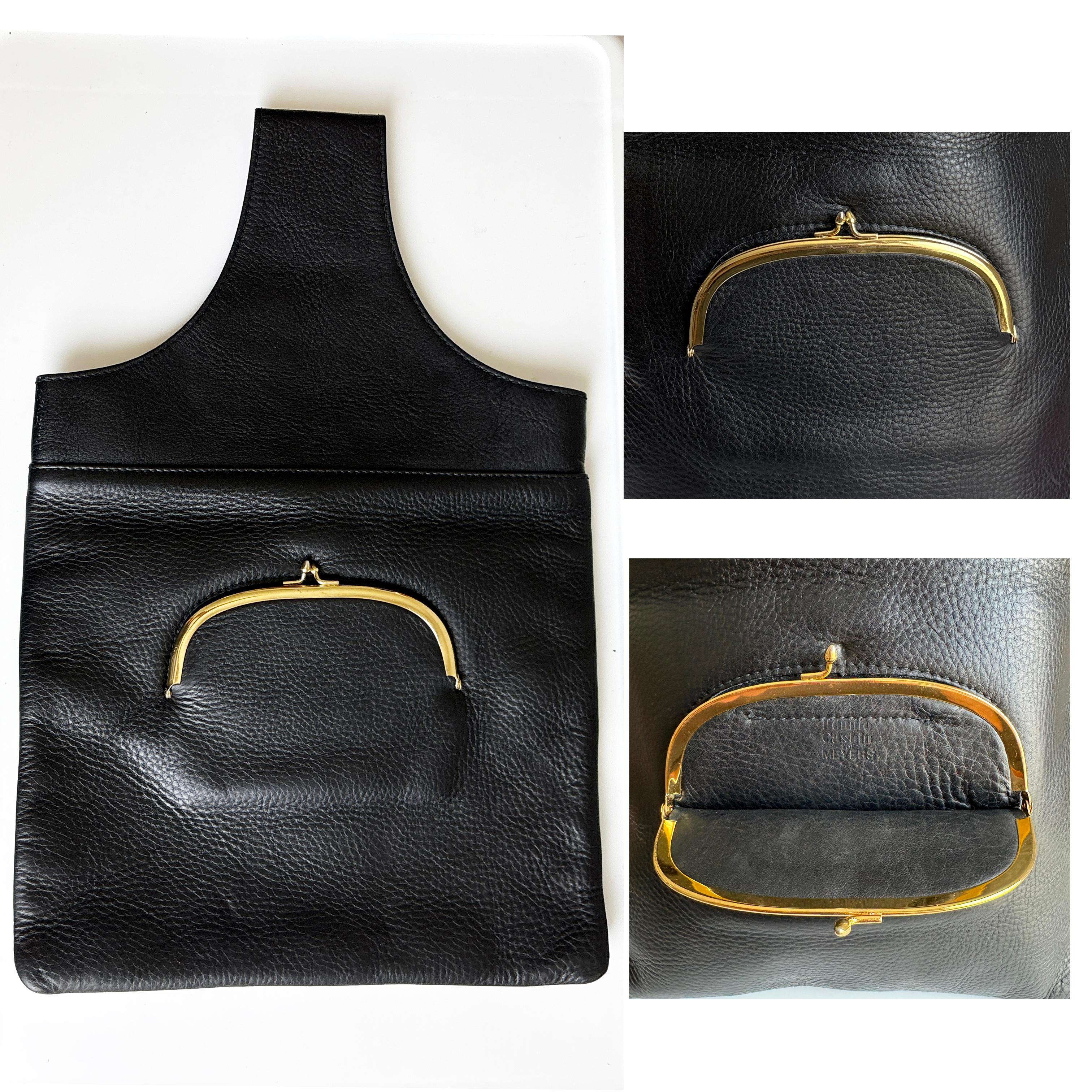 Bonnie Cashin para Meyers Bolsa bandolera Piel negra Bolsillo enrejado Raros años 70 Vintage en venta 3