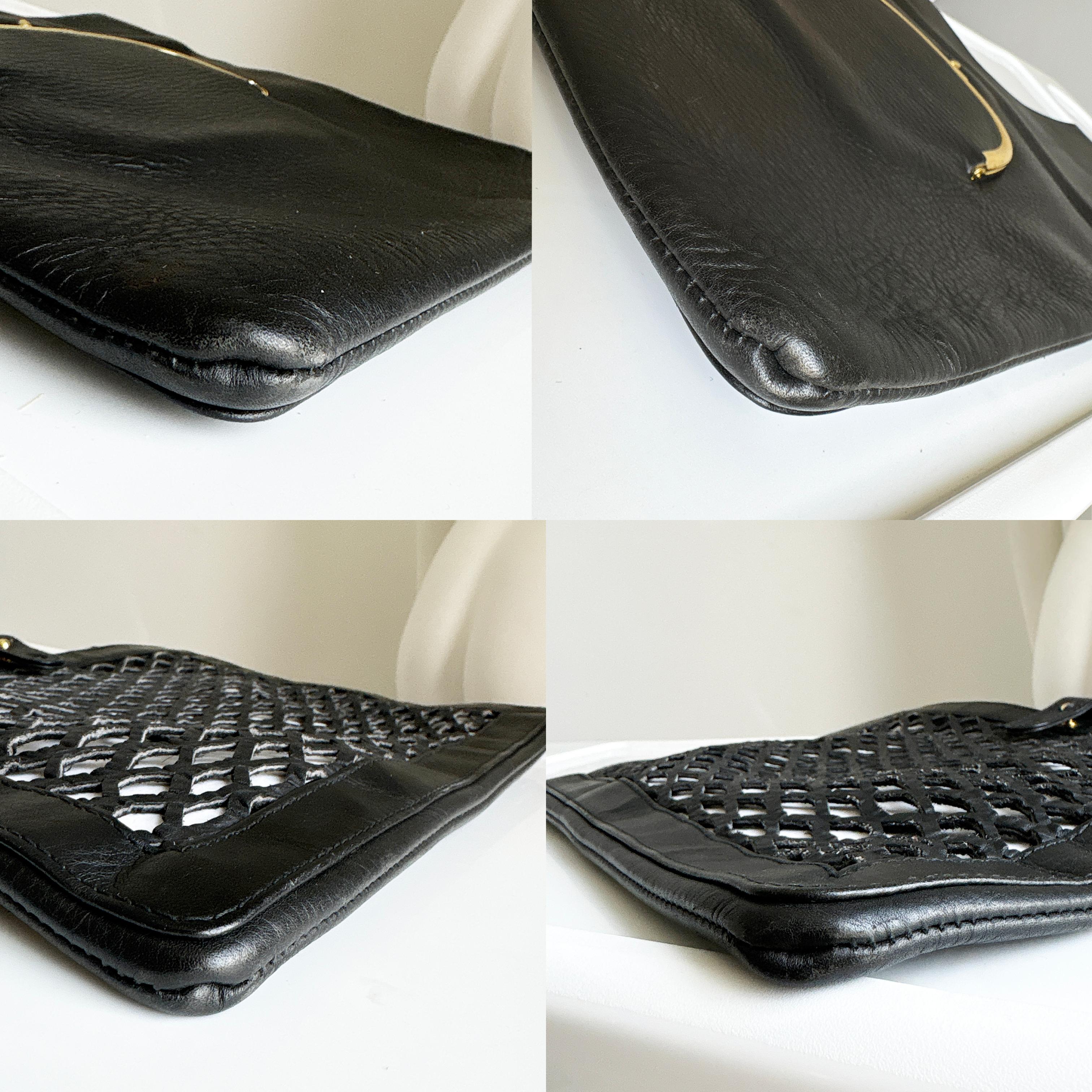 Bonnie Cashin para Meyers Bolsa bandolera Piel negra Bolsillo enrejado Raros años 70 Vintage en venta 5
