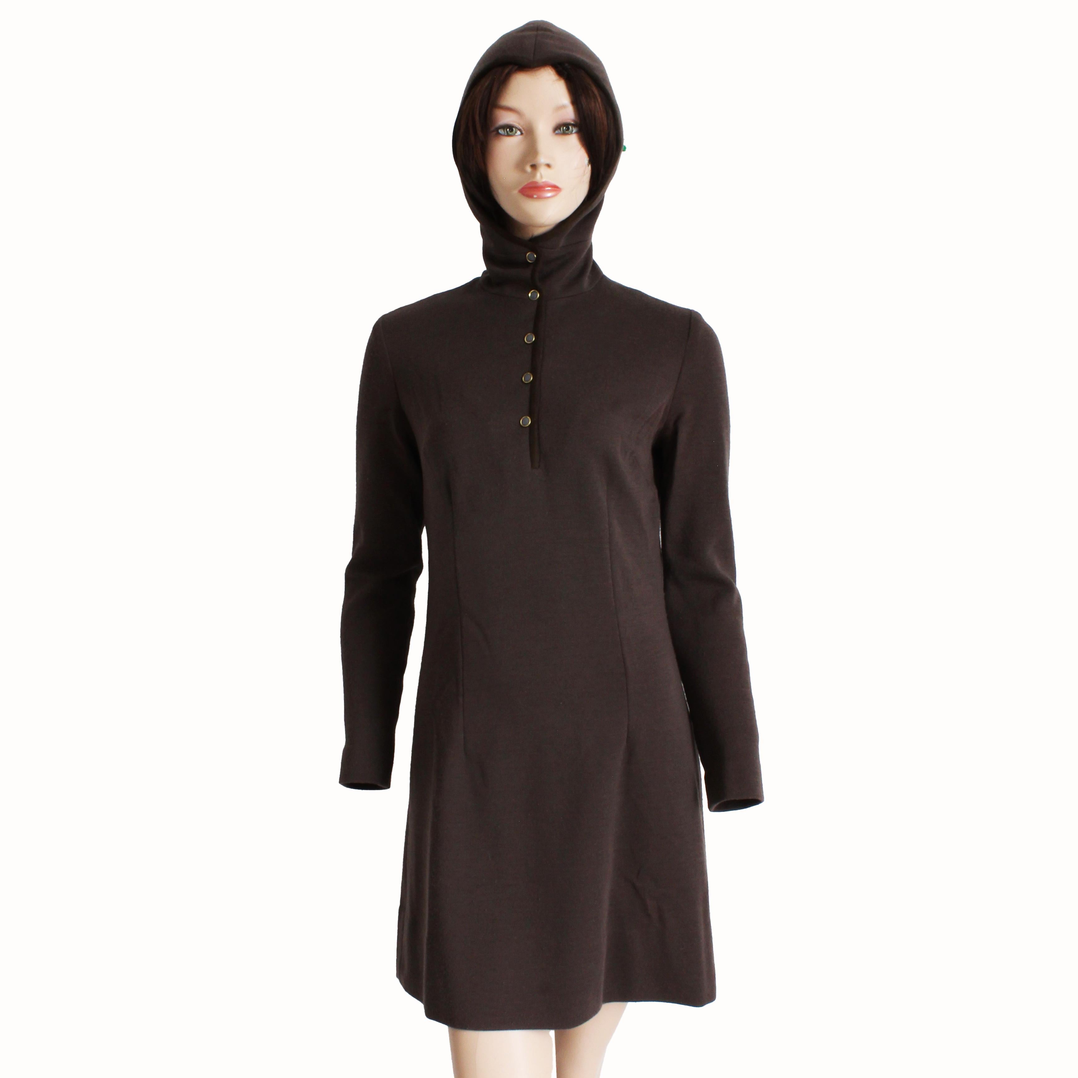Bonnie Cashin for Sills 1960s Mini Dress Brown Knit Suede Trim Madonna Hood Rare in vendita 5
