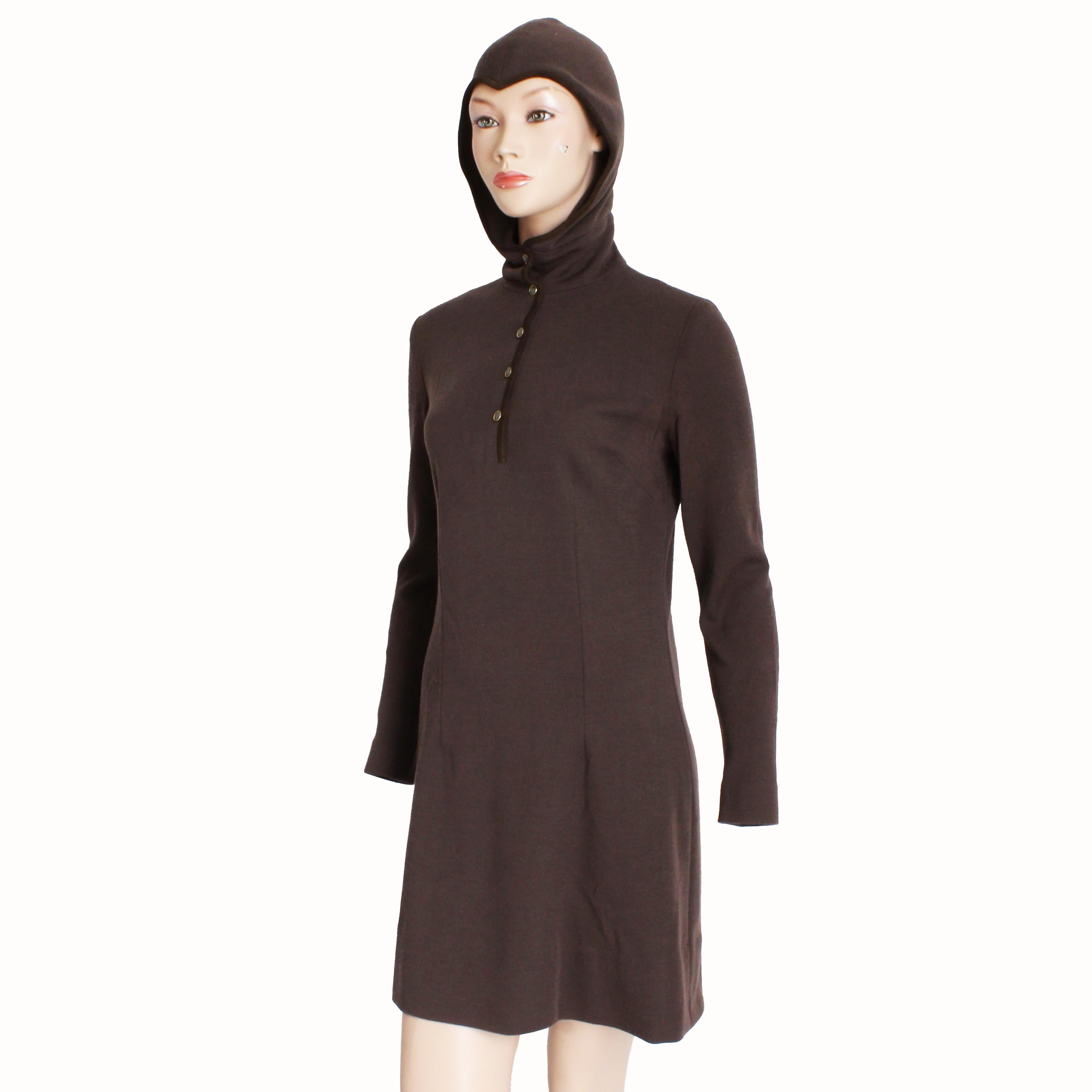 Bonnie Cashin for Sills 1960s Mini Dress Brown Knit Suede Trim Madonna Hood Rare in vendita 6
