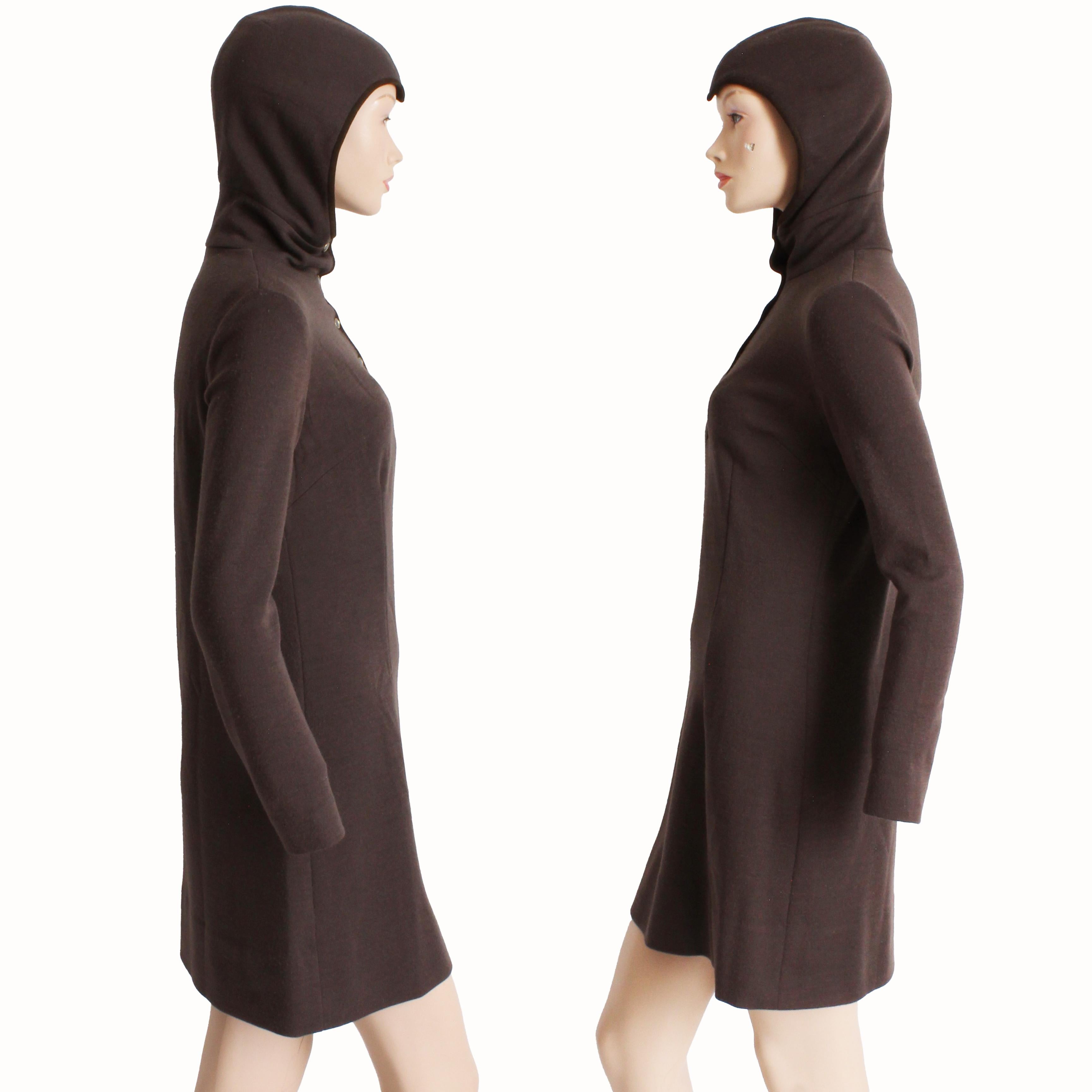 Bonnie Cashin for Sills 1960s Mini Dress Brown Knit Suede Trim Madonna Hood Rare in vendita 7