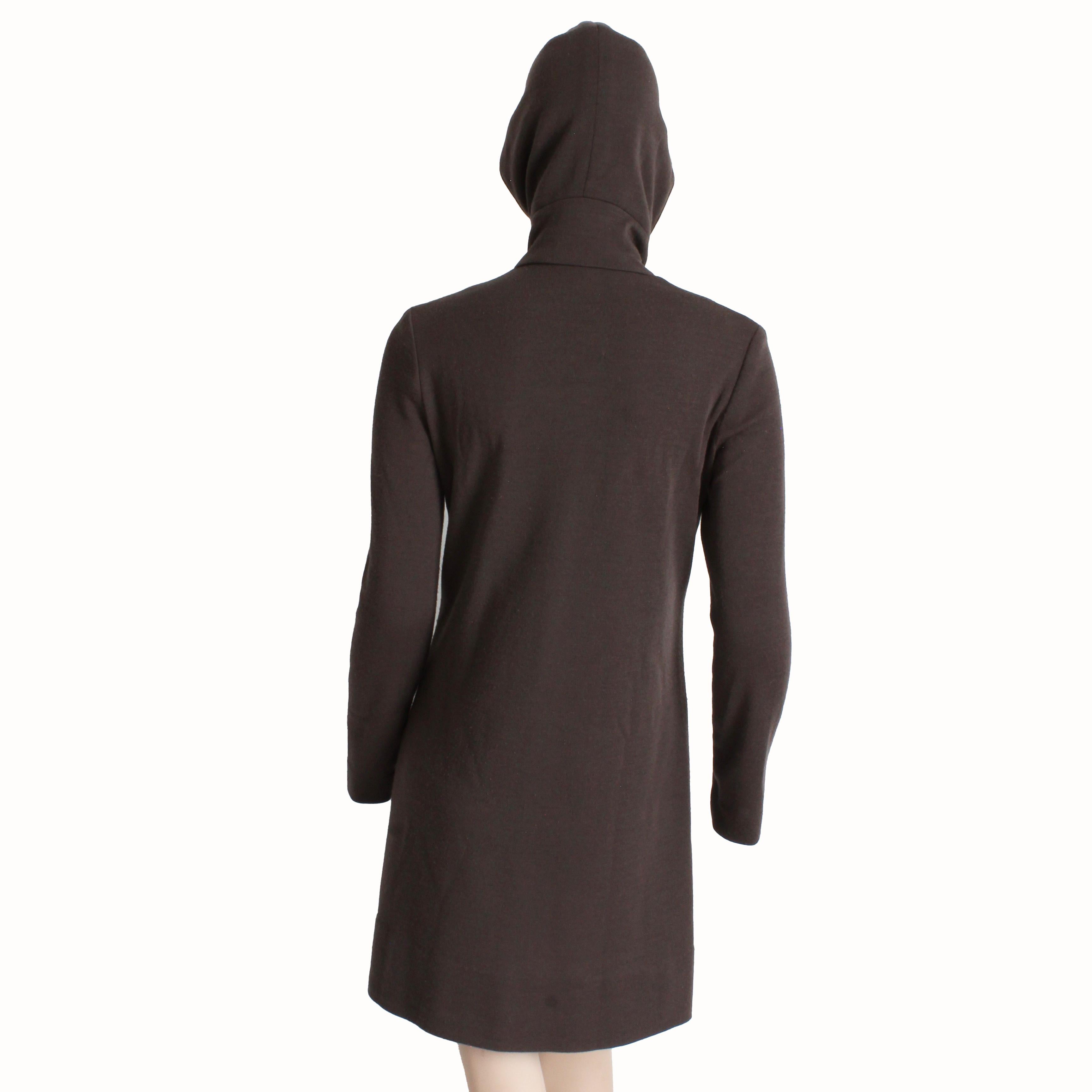Bonnie Cashin for Sills 1960s Mini Dress Brown Knit Suede Trim Madonna Hood Rare in vendita 8