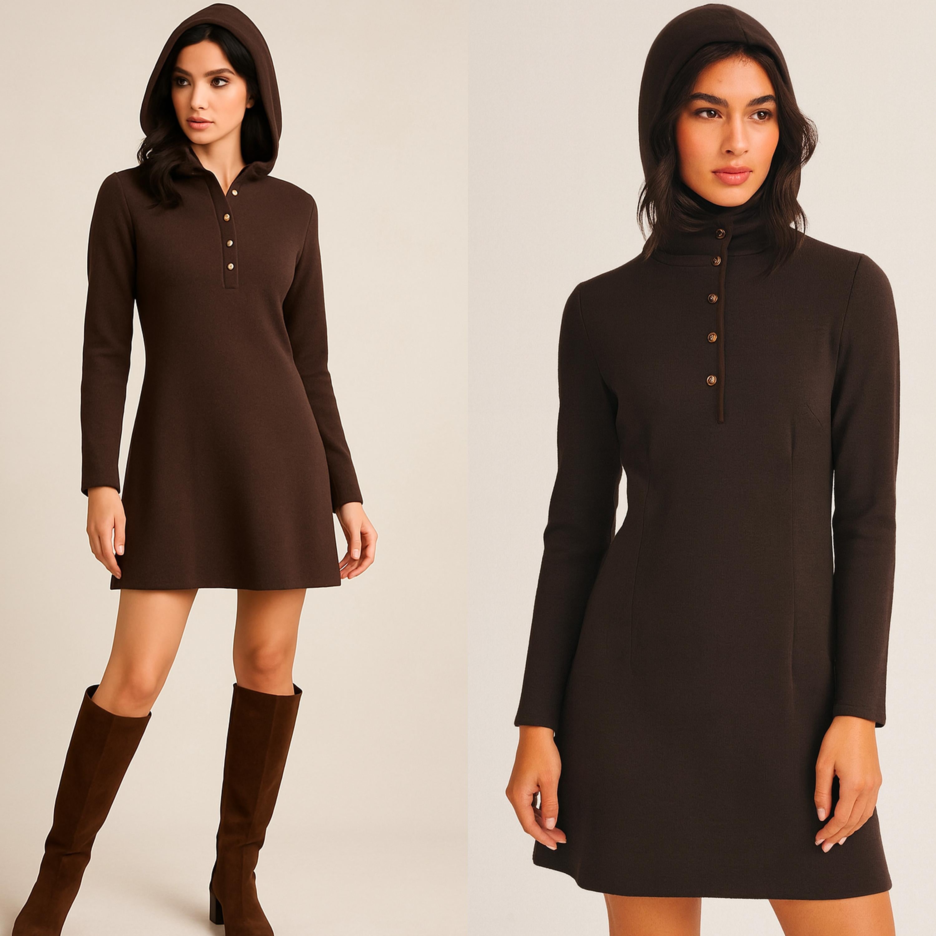 Nero Bonnie Cashin for Sills 1960s Mini Dress Brown Knit Suede Trim Madonna Hood Rare in vendita