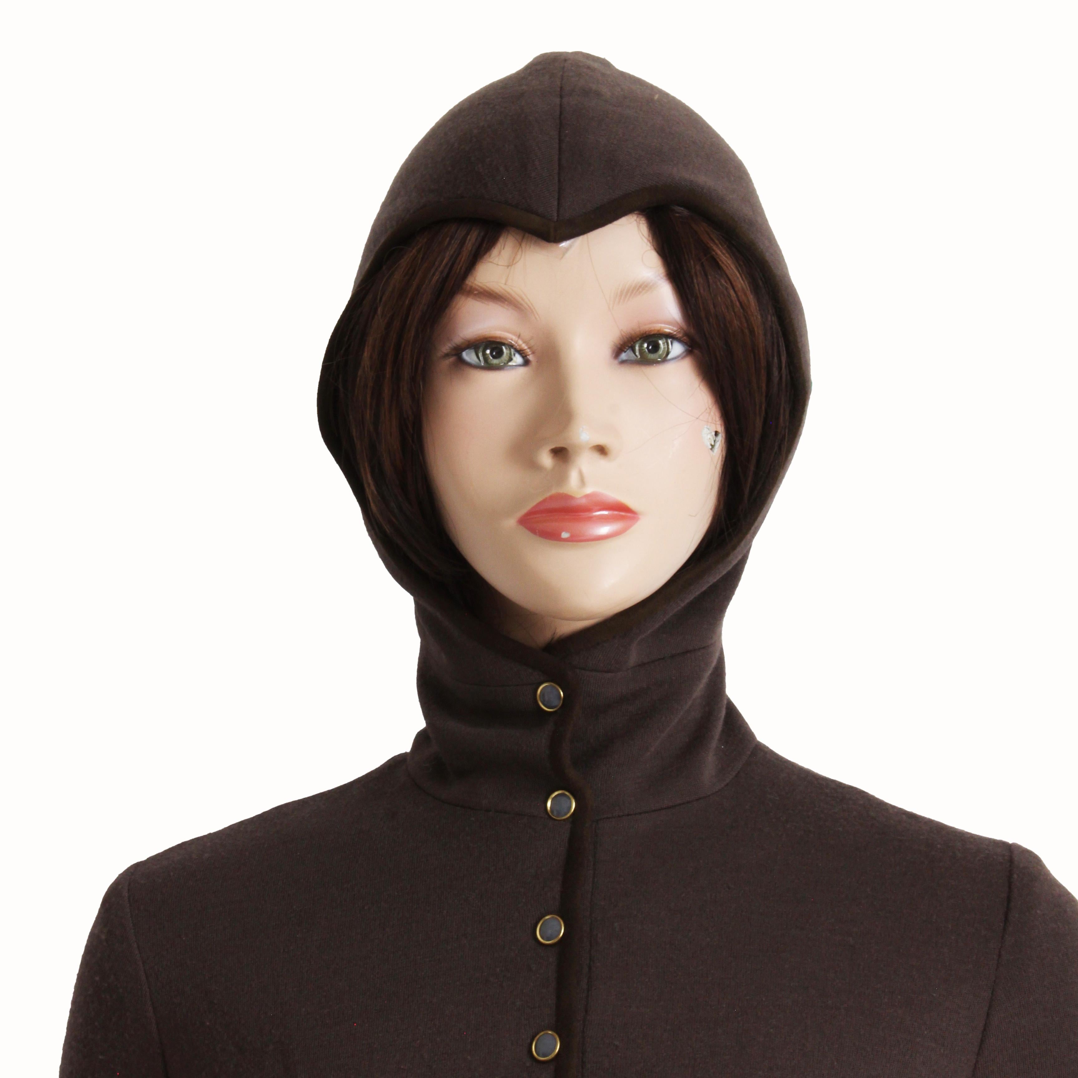 Bonnie Cashin for Sills 1960s Mini Dress Brown Knit Suede Trim Madonna Hood Rare in vendita 2